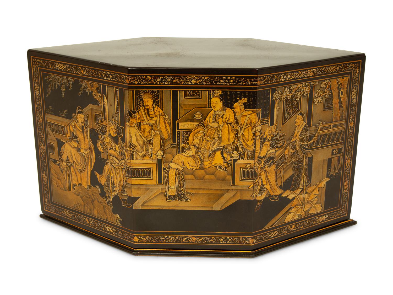 A Straits Chinese Lacquer and Gilt Six-Sided Chanab Offering Box and Stand — 20TH CENTURY