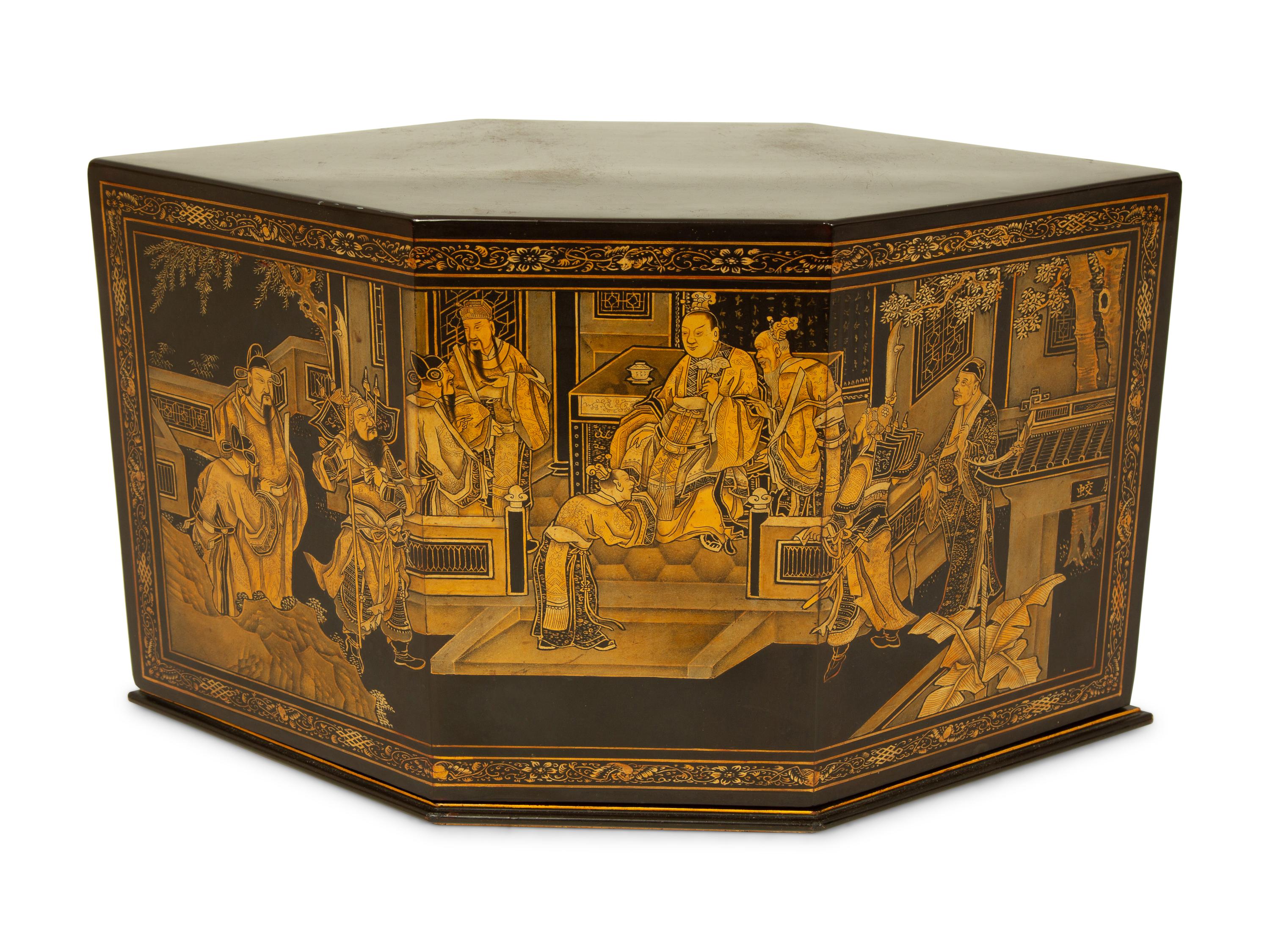 A Straits Chinese Lacquer and Gilt Six-Sided Chanab Offering Box and Stand — 20TH CENTURY