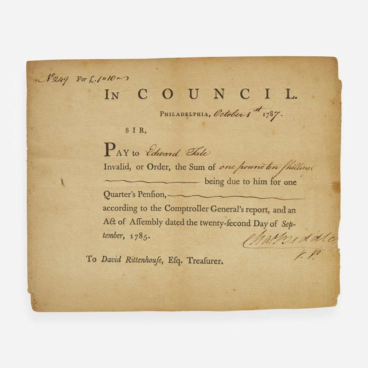 [Americana] Biddle, Nicholas, and Charles Biddle Group of 3 Signed Documents