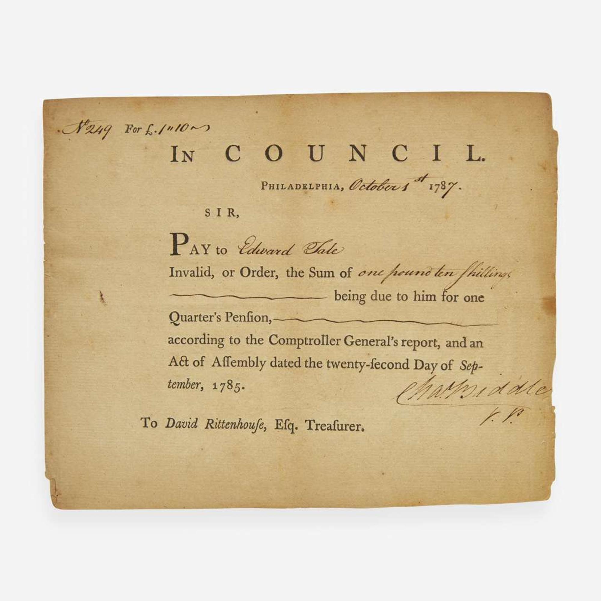 [Americana] Biddle, Nicholas, and Charles Biddle Group of 3 Signed Documents