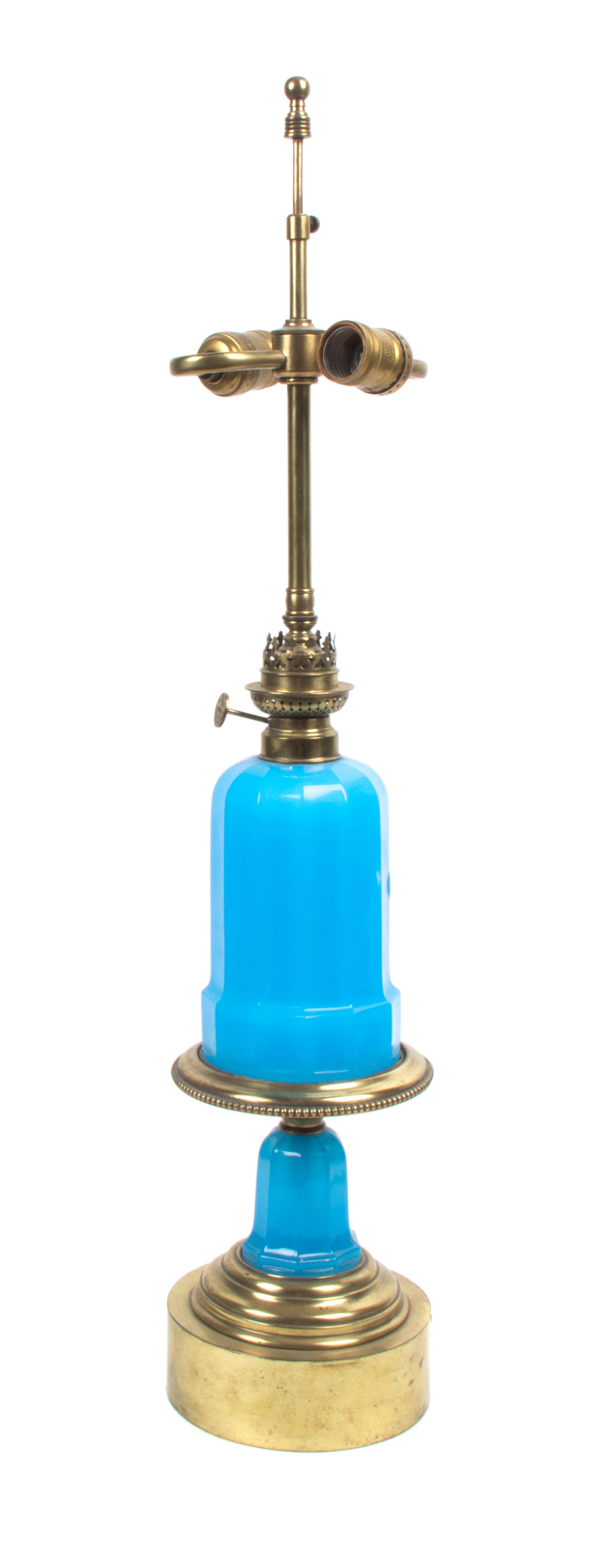 An Opaline Glass Lamp, Height overall 27 1/4 inches.