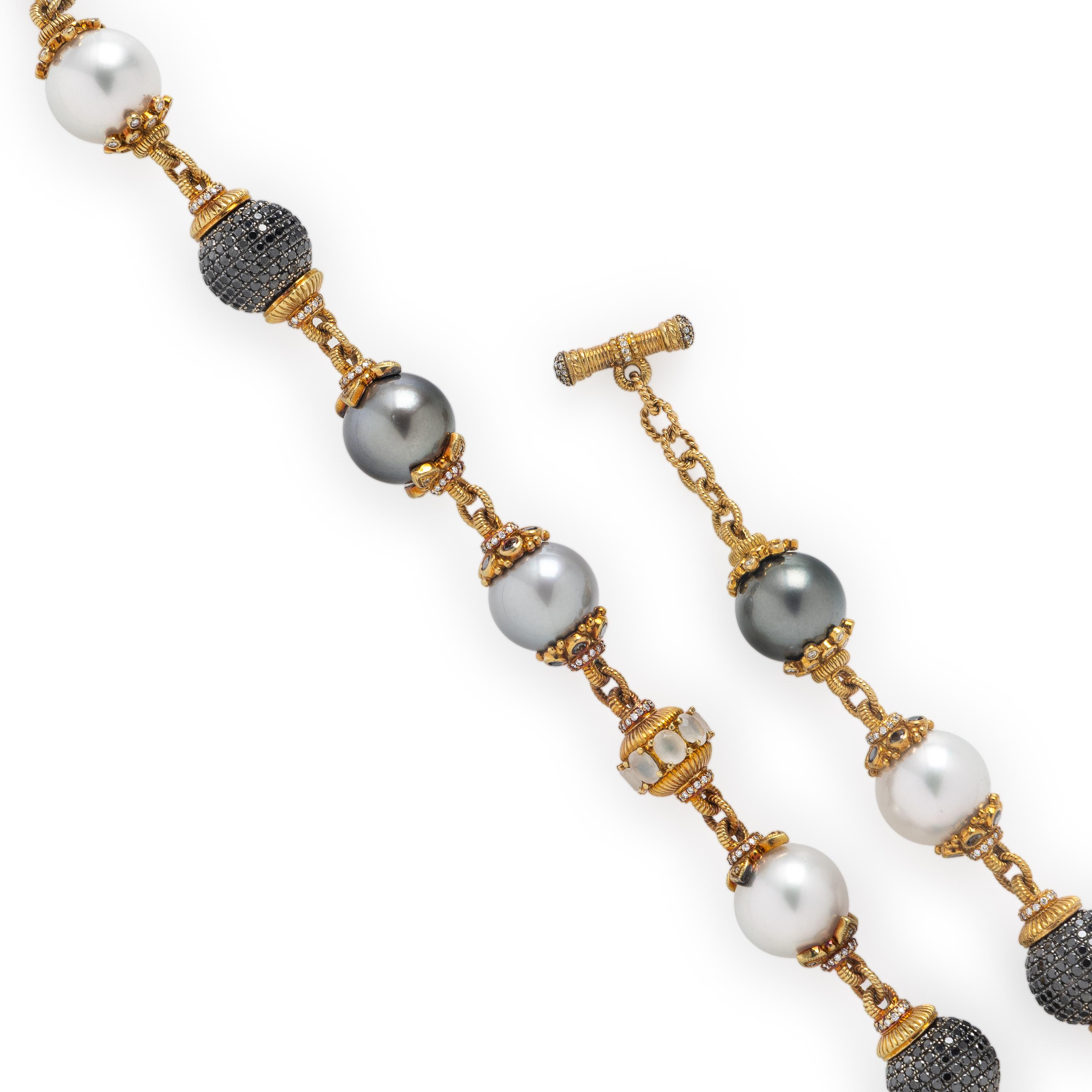Cultured Pearl, Black Diamond, and Diamond Necklace