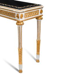 A Pair of Italian Neoclassical Style Painted and Parcel Gilt Specimen Marble-Top Console Tables