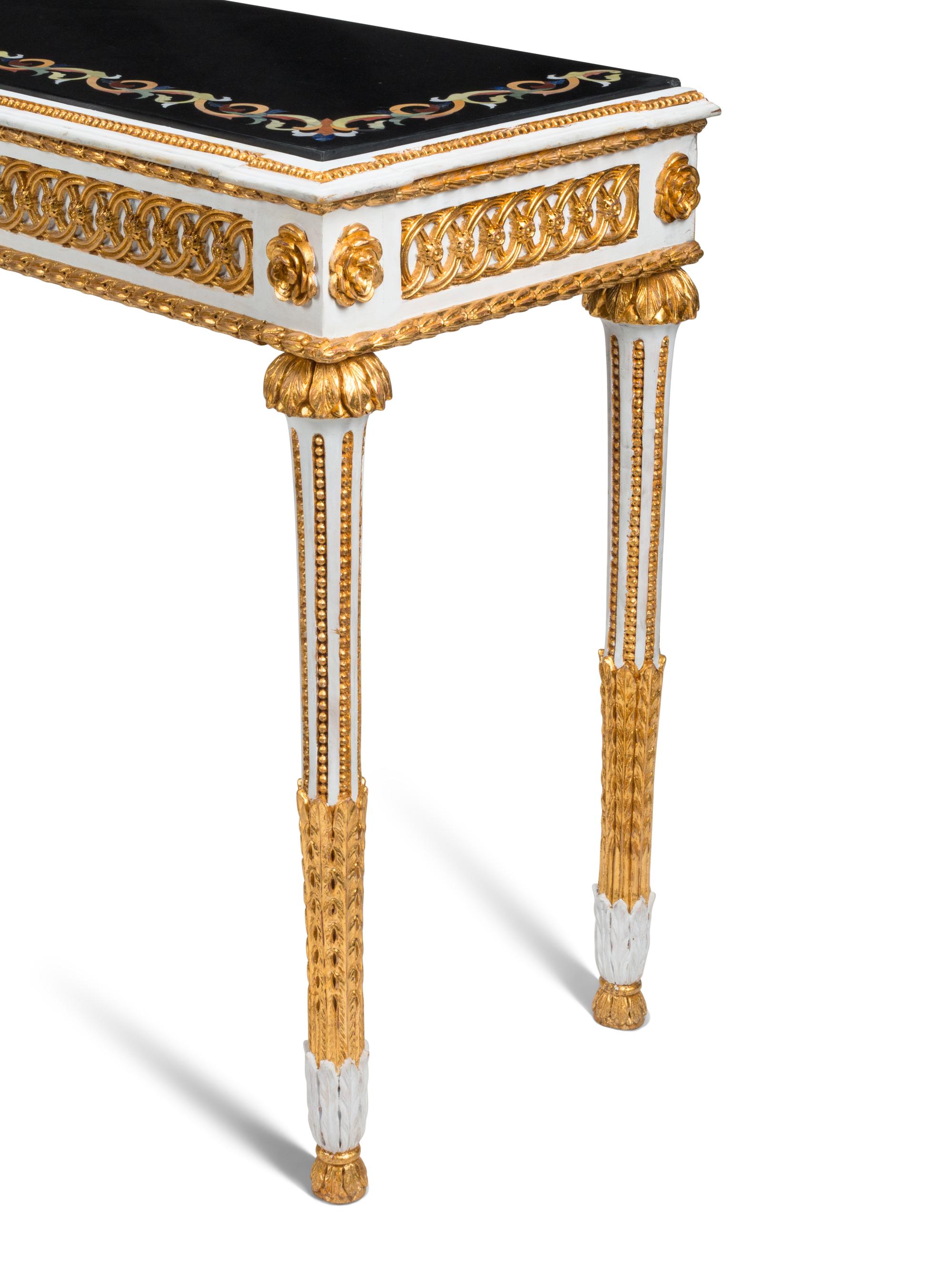 A Pair of Italian Neoclassical Style Painted and Parcel Gilt Specimen Marble-Top Console Tables