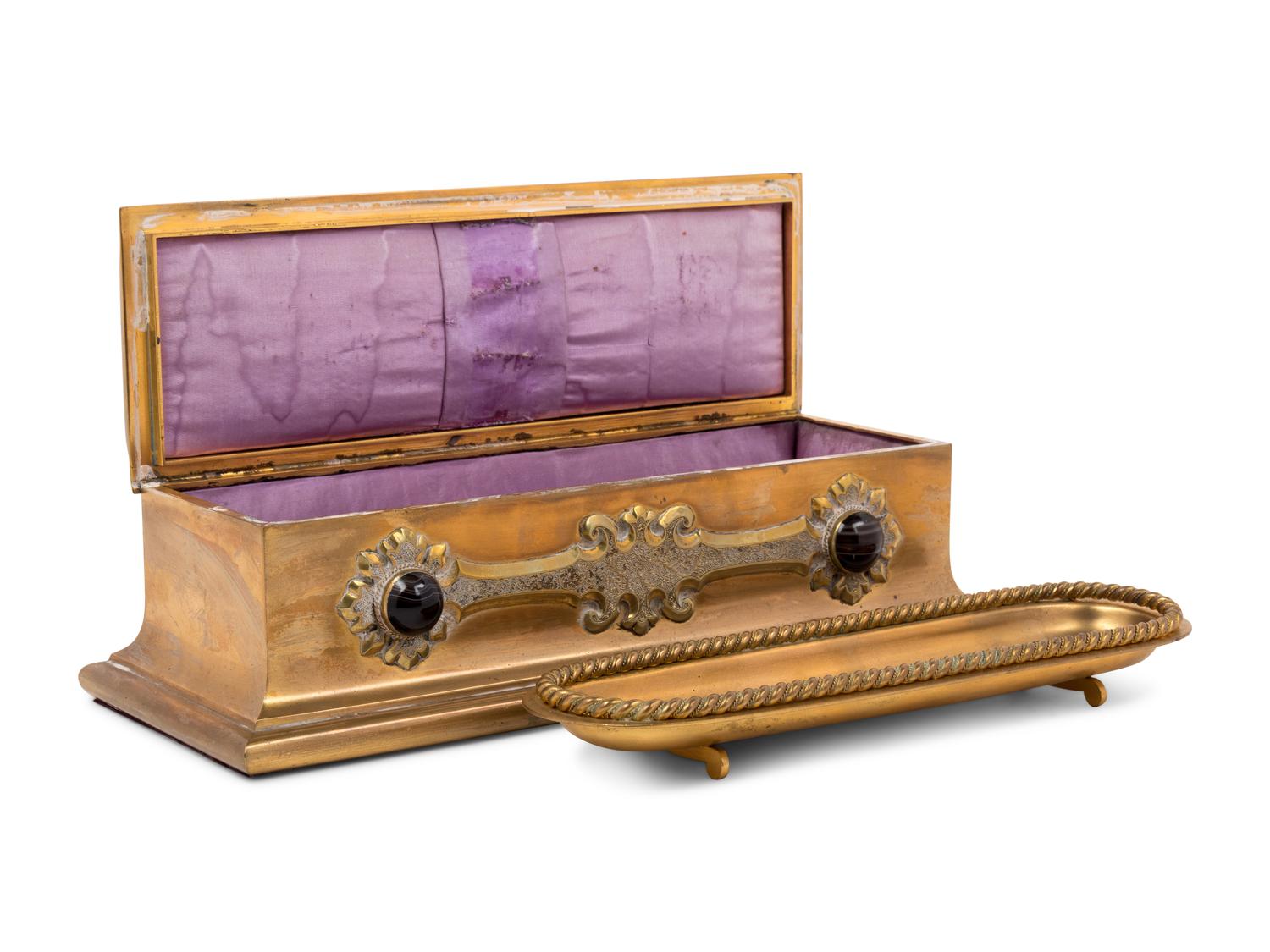 A Continental Agate-Inset Brass Box