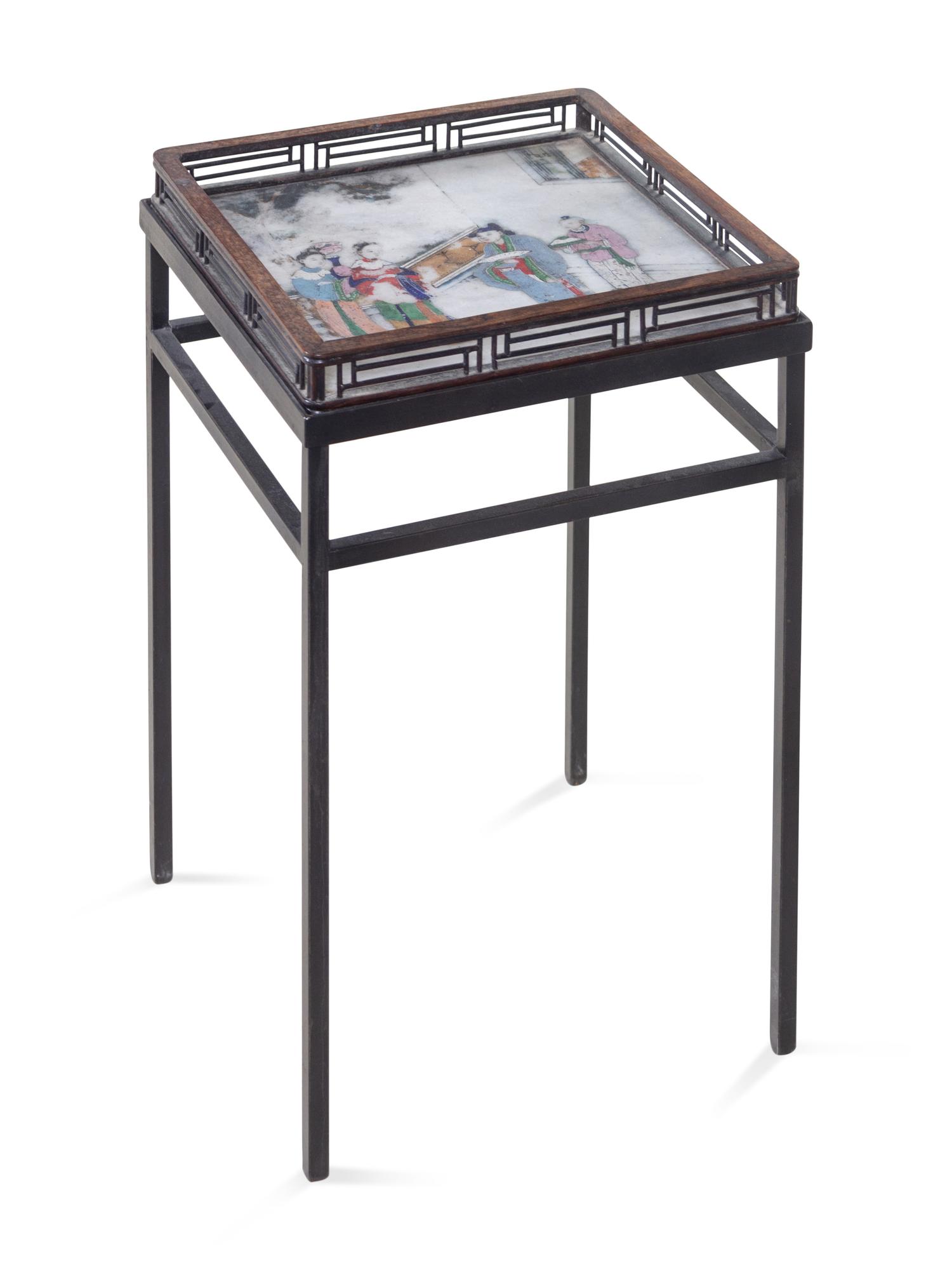 A Chinese Painted Marble Inset Huanghuali Wood Tray