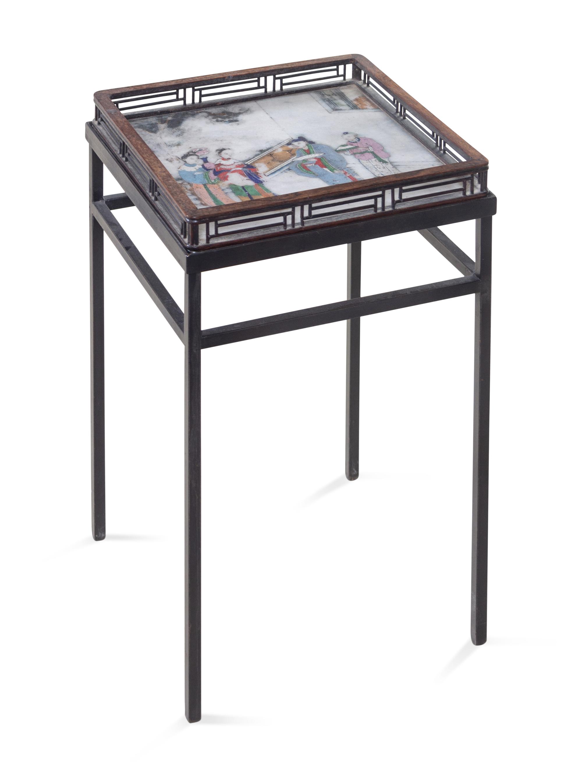 A Chinese Painted Marble Inset Huanghuali Wood Tray