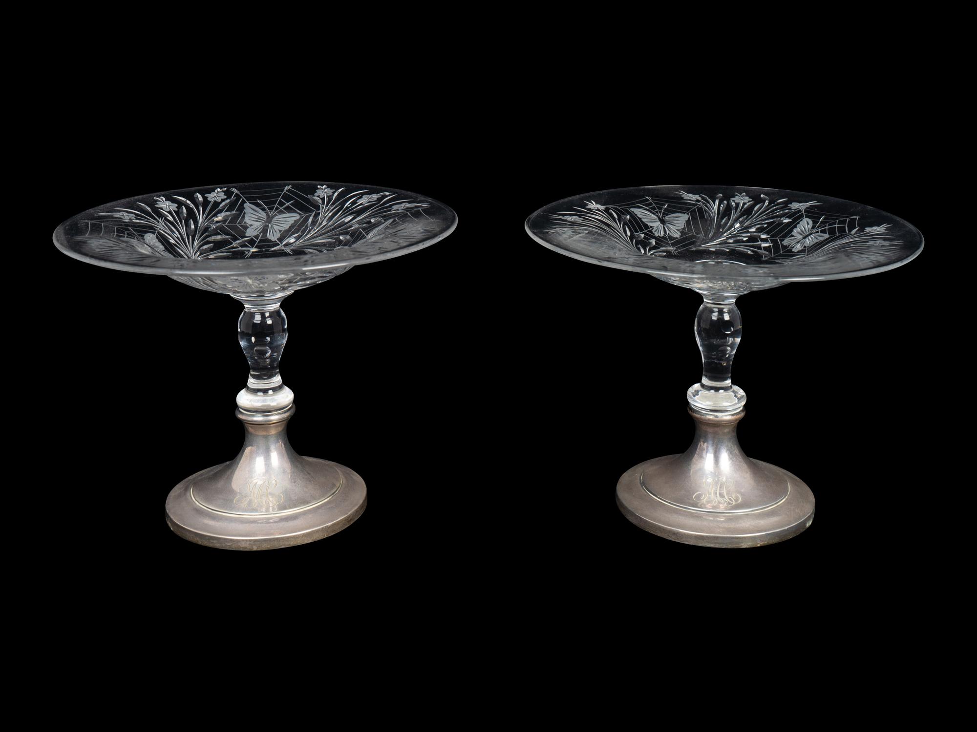 A Pair of American Etched Glass and Weighted Silver Compotes — BRAND-CHATILLON CO., 20TH CENTURY
