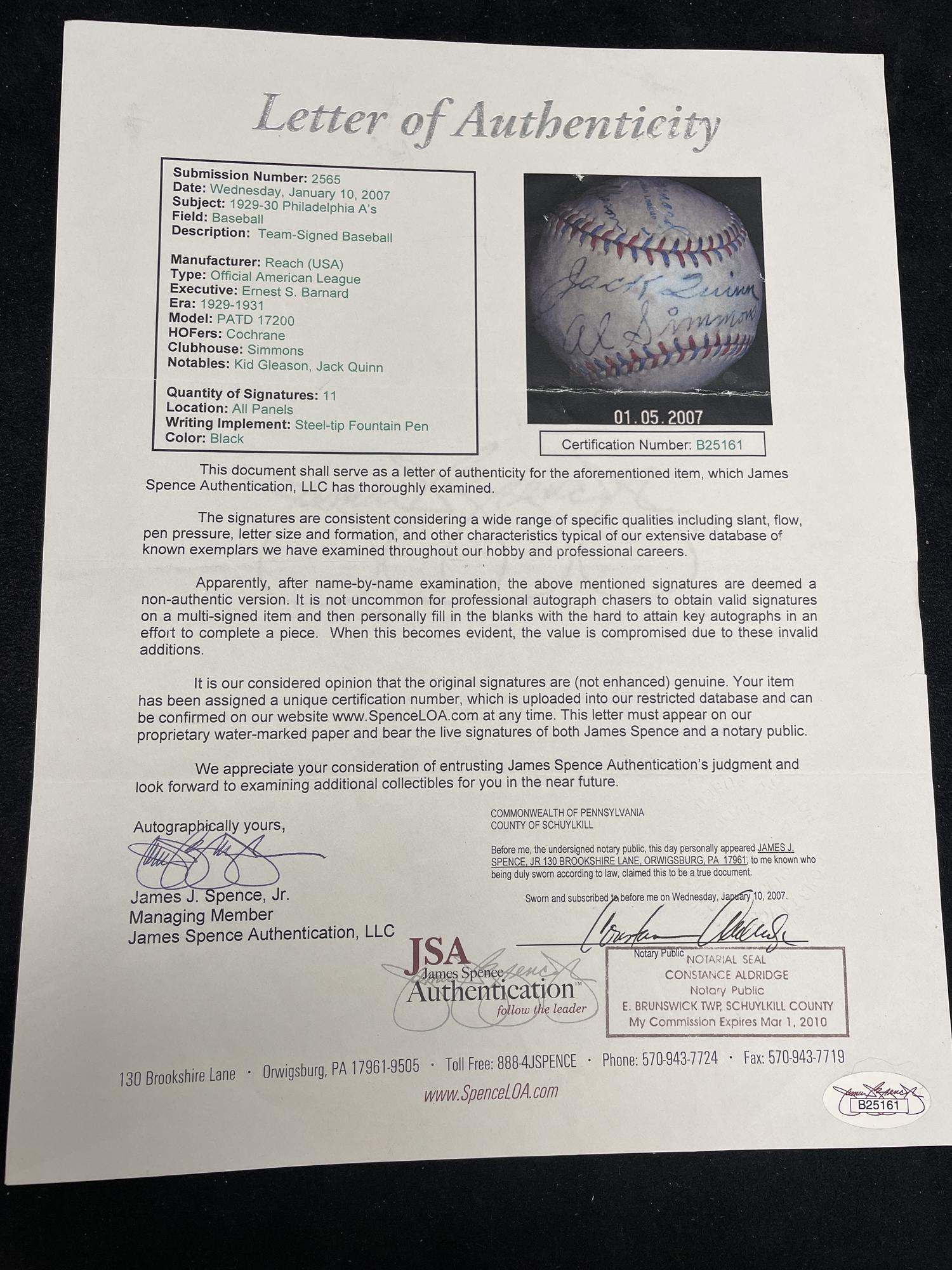 A 1929 World Series Champions Philadelphia Athletics Team Signed Autograph Baseball Featuring Mickey Cochrane (JSA Letter of Authenticity)