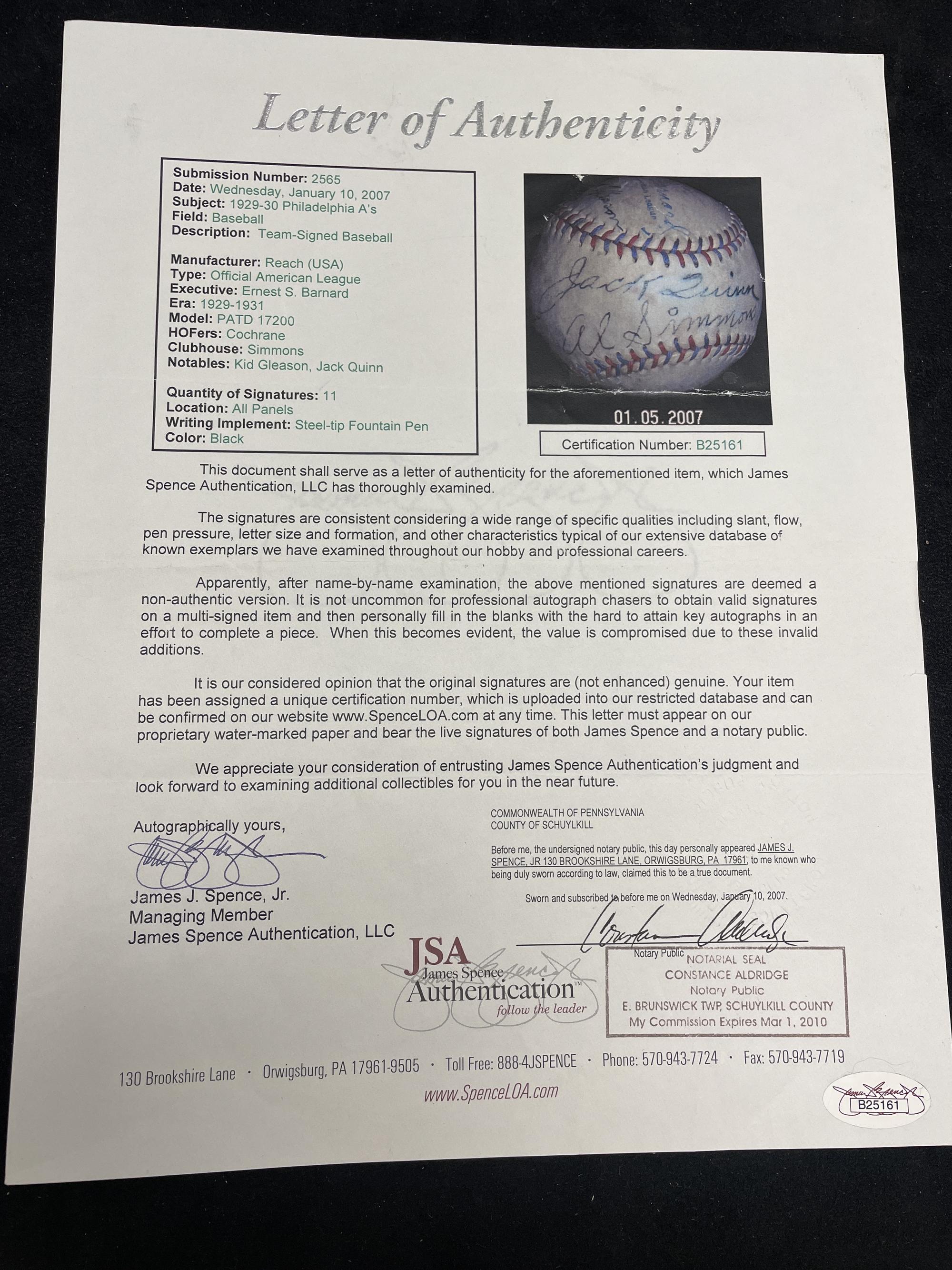 A 1929 World Series Champions Philadelphia Athletics Team Signed Autograph Baseball Featuring Mickey Cochrane (JSA Letter of Authenticity)