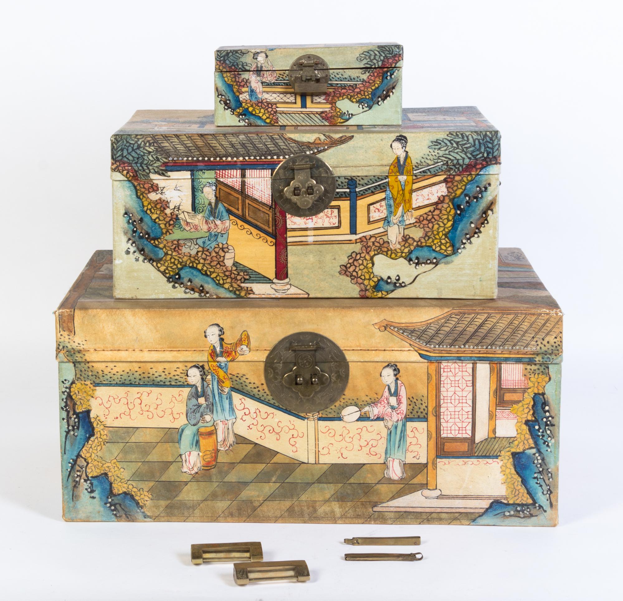 A Set of Three Chinese Export Boxes Length of largest 22 inches.