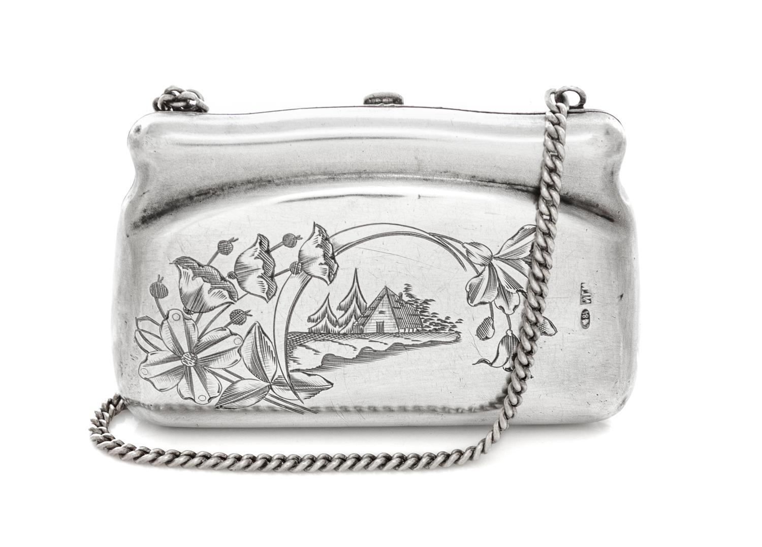 A Russian Silver Change Purse, Maker's mark Cyrillic IGI, Moscow, early 20th century, the front centered by an engraved cabin in a fore