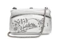 A Russian Silver Change Purse, Maker's mark Cyrillic IGI, Moscow, early 20th century, the front centered by an engraved cabin in a fore