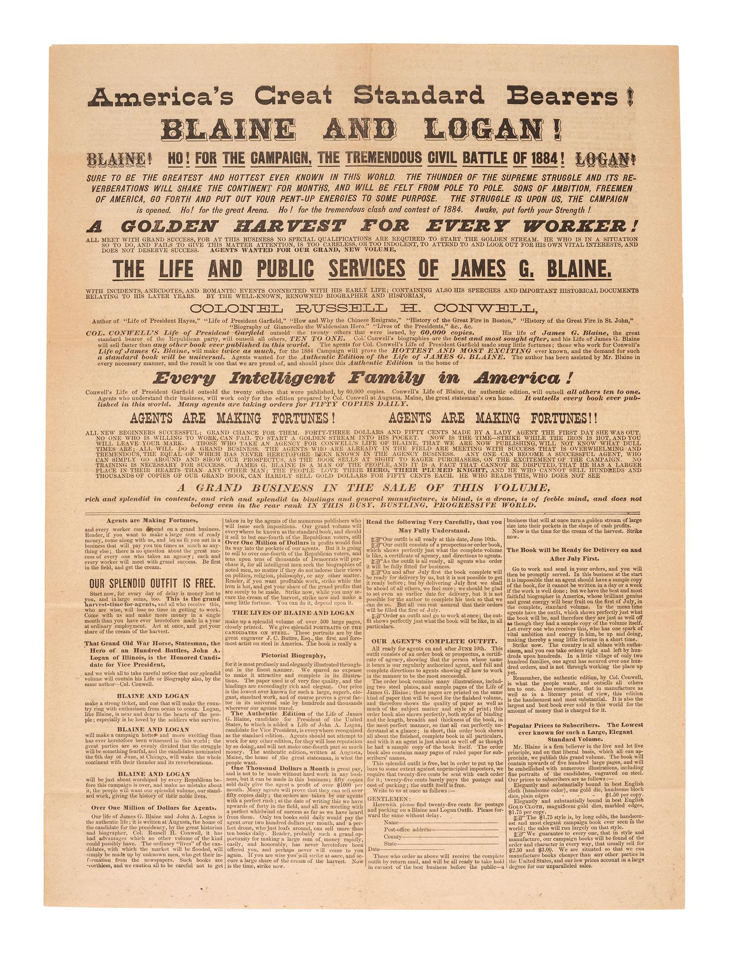 [1884 ELECTION]. -- [BLAINE, James G.]. Broadsides from the 1884 Blaine and Logan campaign, comprising:
