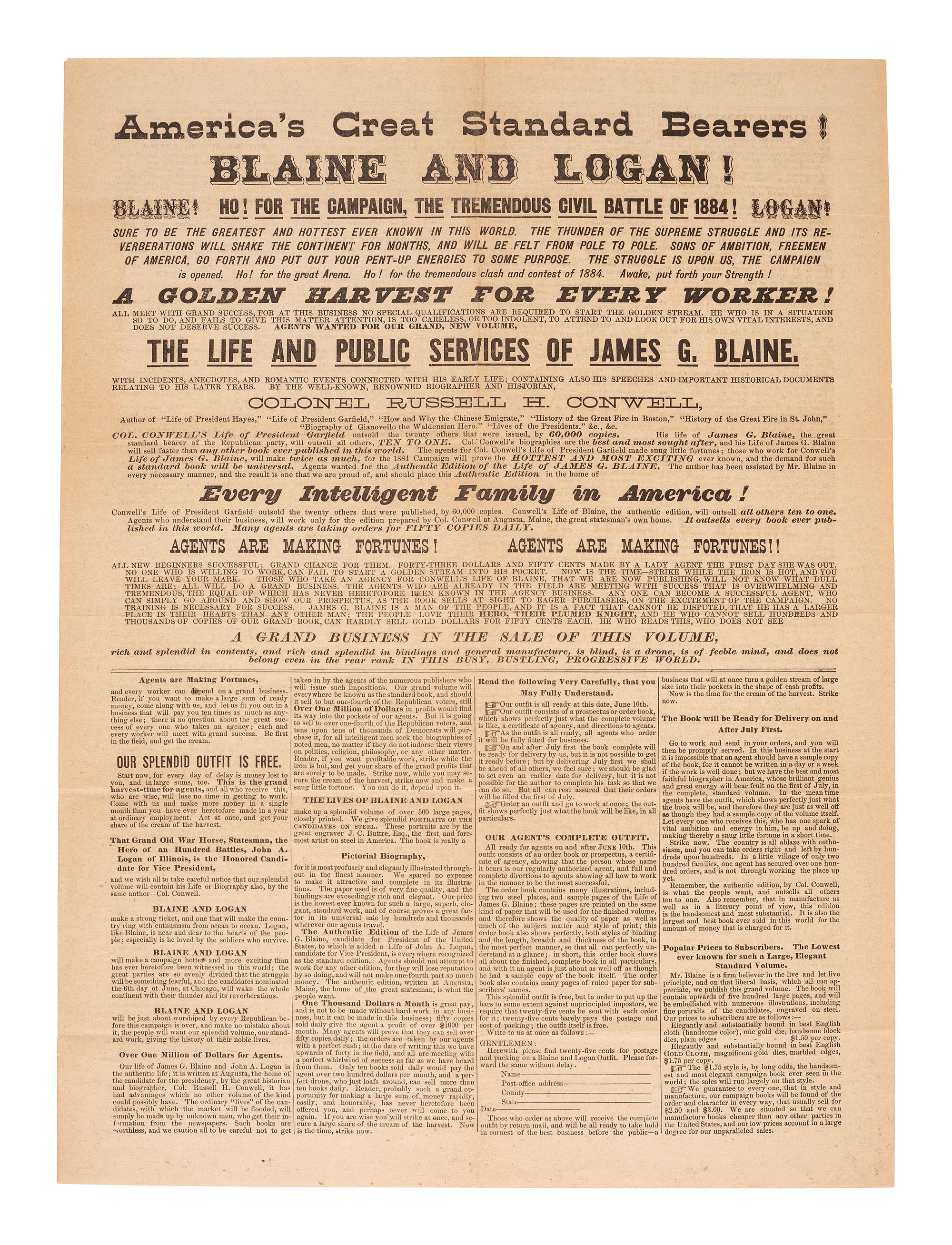 [1884 ELECTION]. -- [BLAINE, James G.]. Broadsides from the 1884 Blaine and Logan campaign, comprising: