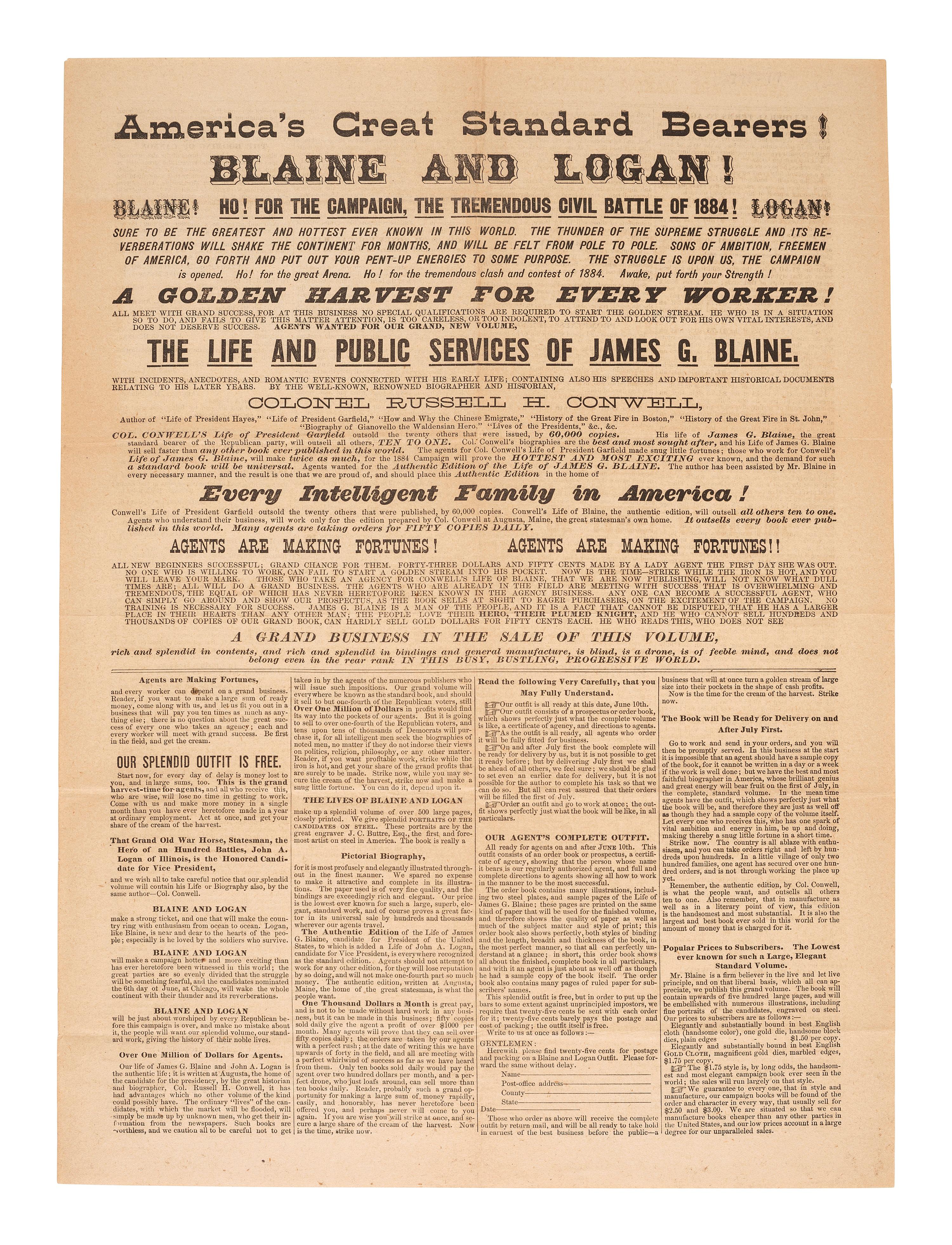 [1884 ELECTION]. -- [BLAINE, James G.]. Broadsides from the 1884 Blaine and Logan campaign, comprising:
