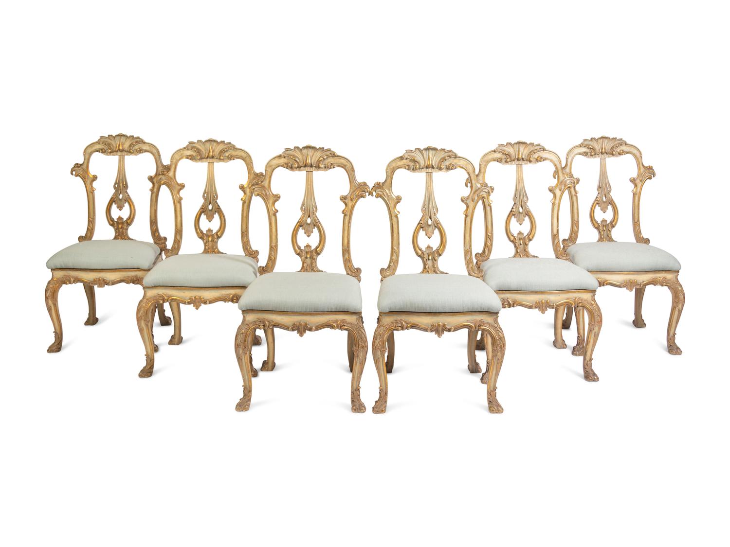A Set of Six Venetian Style Painted and Parcel Gilt Dining Chairs