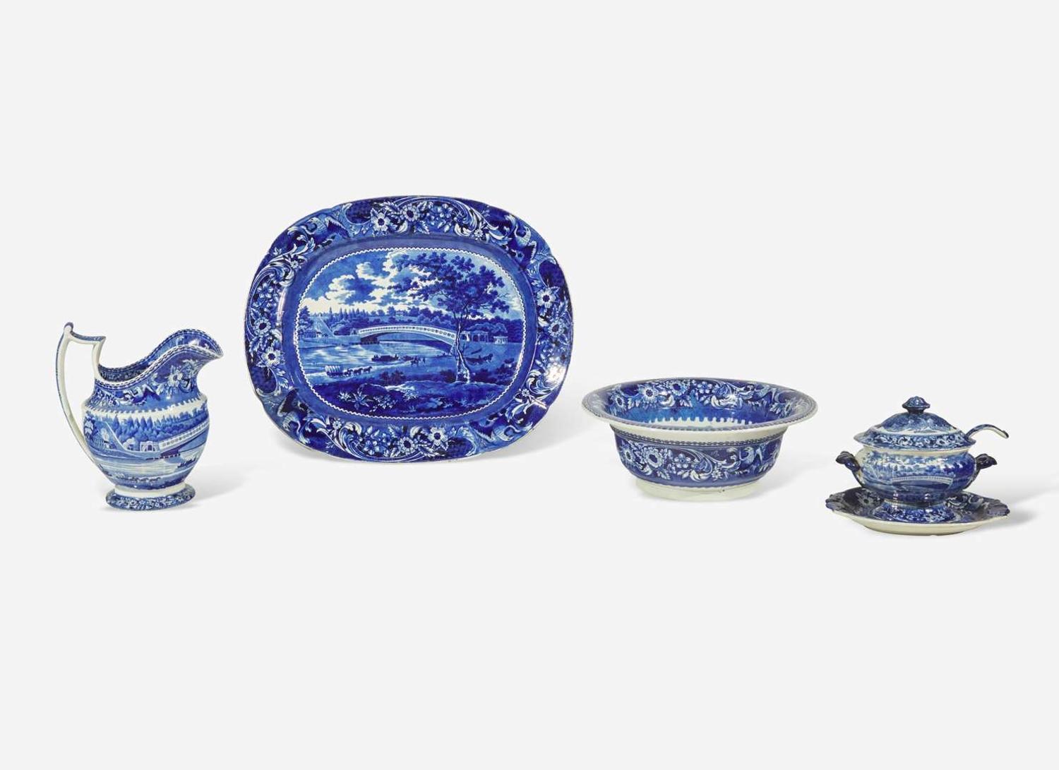A group of six Historical Blue Staffordshire “Upper Ferry Bridge Over the River Schuylkill" tablewares, Joseph Stubbs, Burslem, England, circa 1830