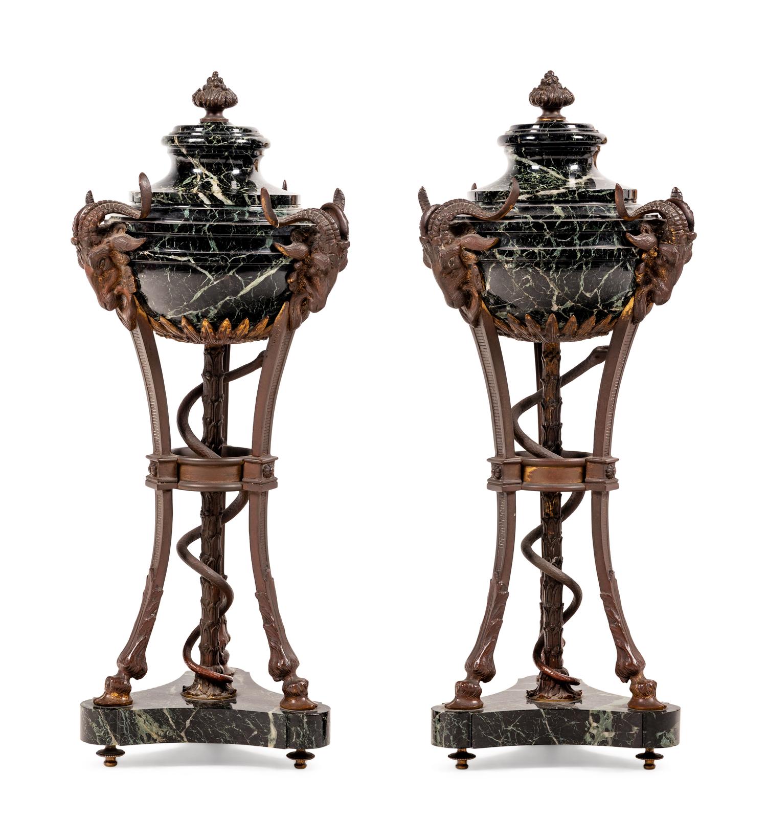 A Pair of Large Gilt Bronze and Marble Cassolettes
