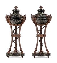 A Pair of Large Gilt Bronze and Marble Cassolettes