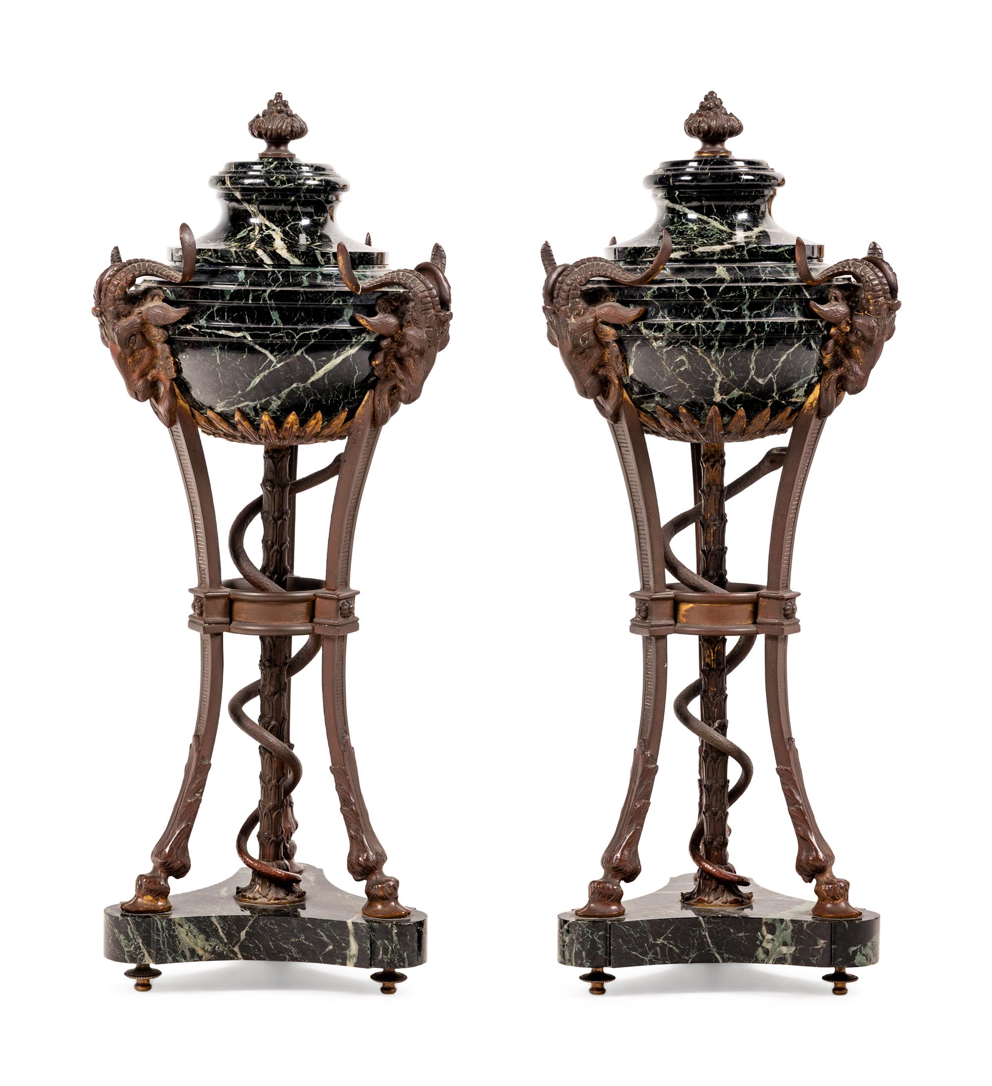 A Pair of Large Gilt Bronze and Marble Cassolettes