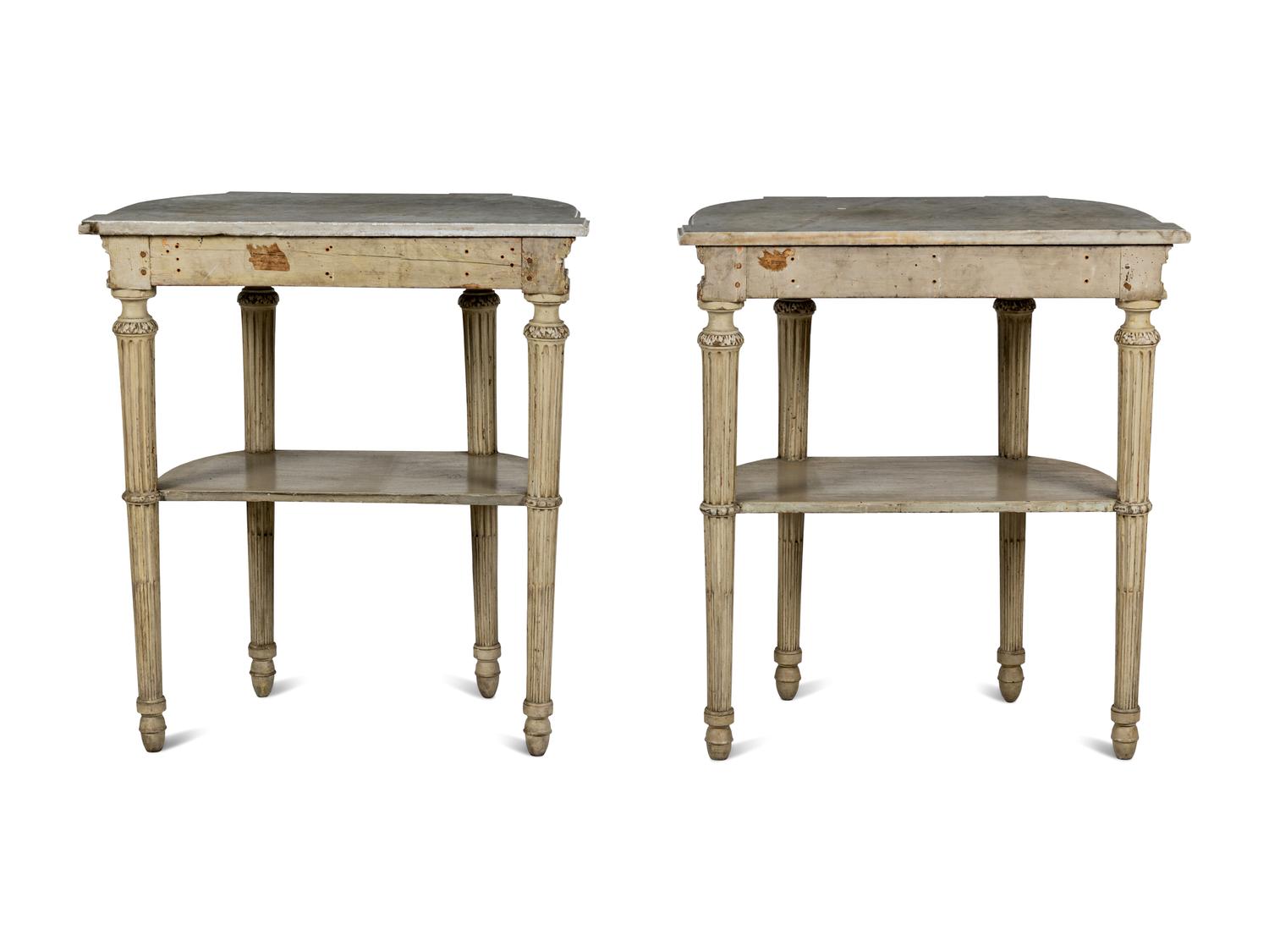 A Pair of Louis XVI Style Grisaille-Painted Console Tables