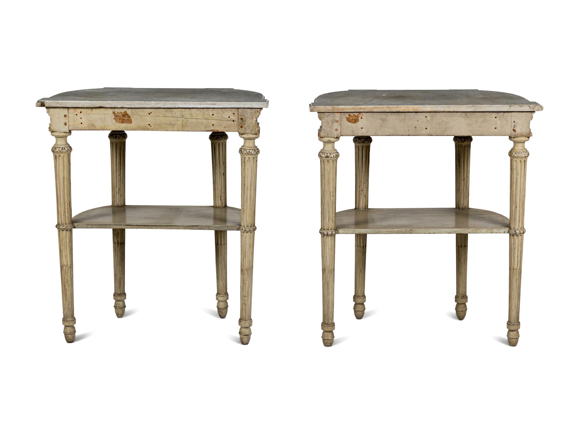A Pair of Louis XVI Style Grisaille-Painted Console Tables