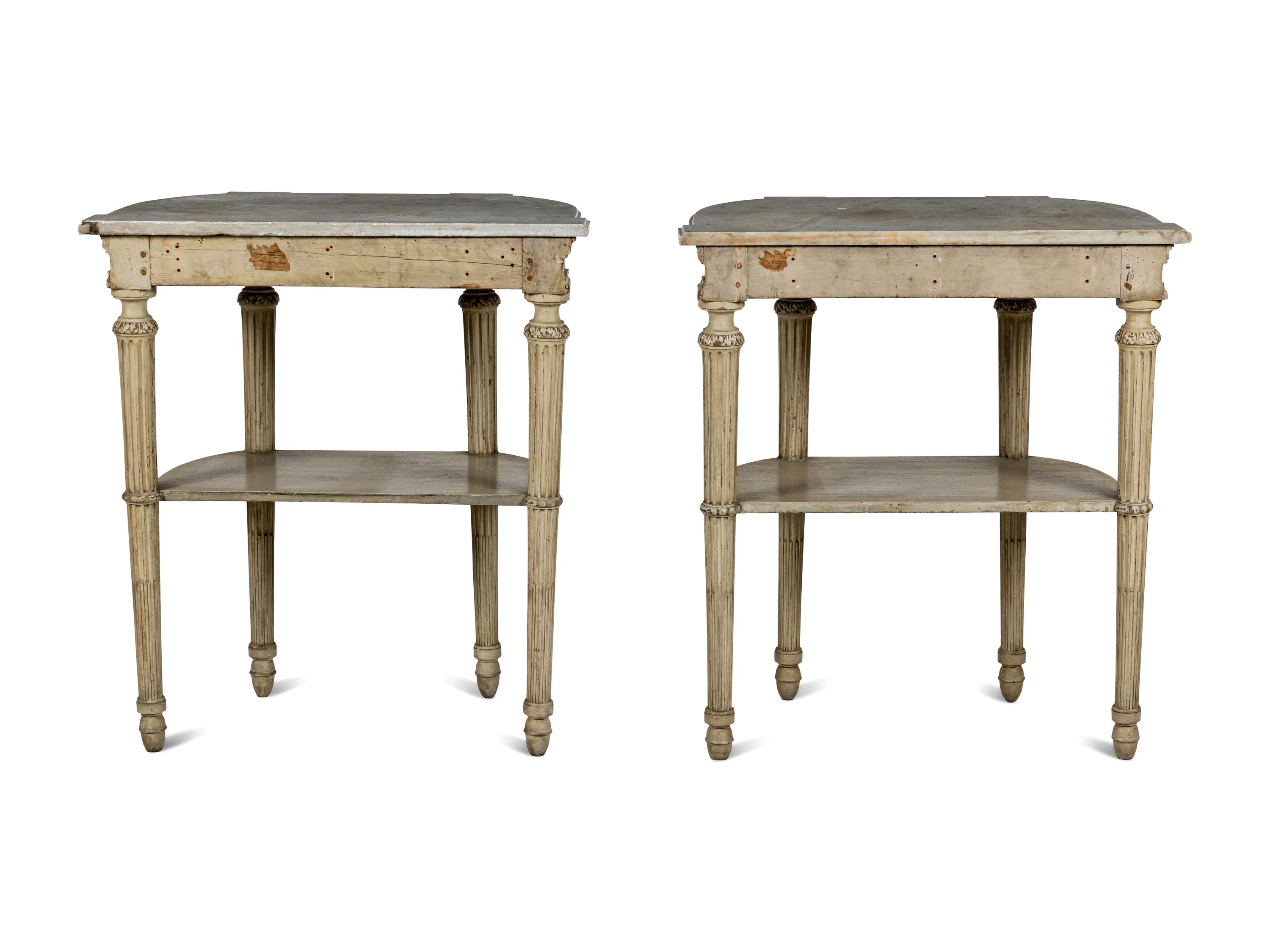 A Pair of Louis XVI Style Grisaille-Painted Console Tables