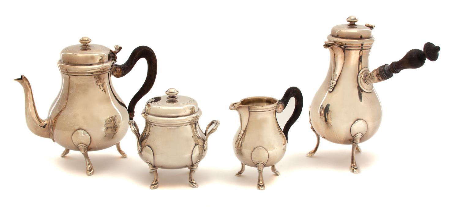 A Four-Piece French Silver Plate Coffee and Chocolate Service Height of chocolate pot 9 1/2 inches. — 19TH CENTURY