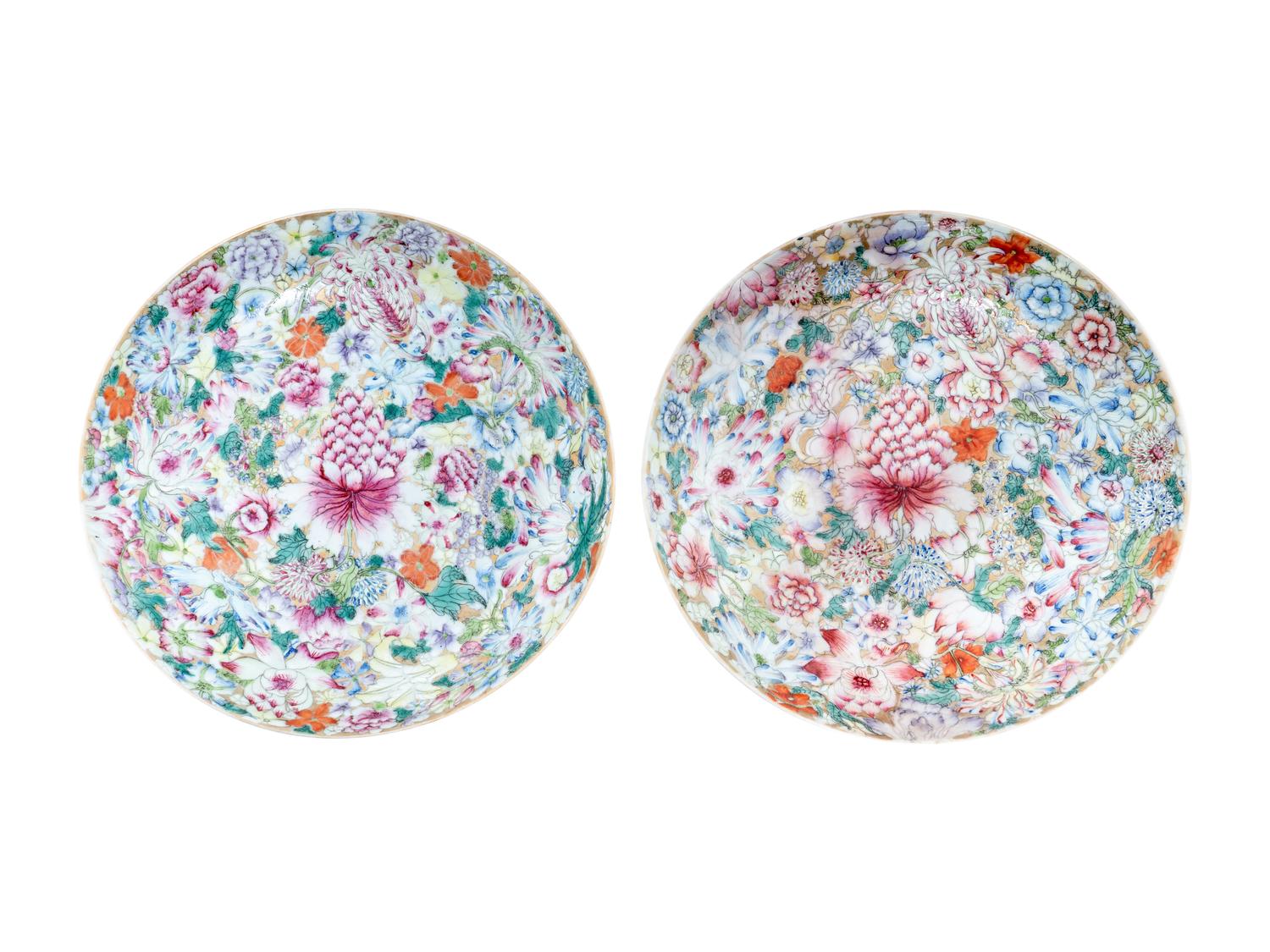 A Pair of Chinese Famille Rose 'Millefleur' Porcelain Plates