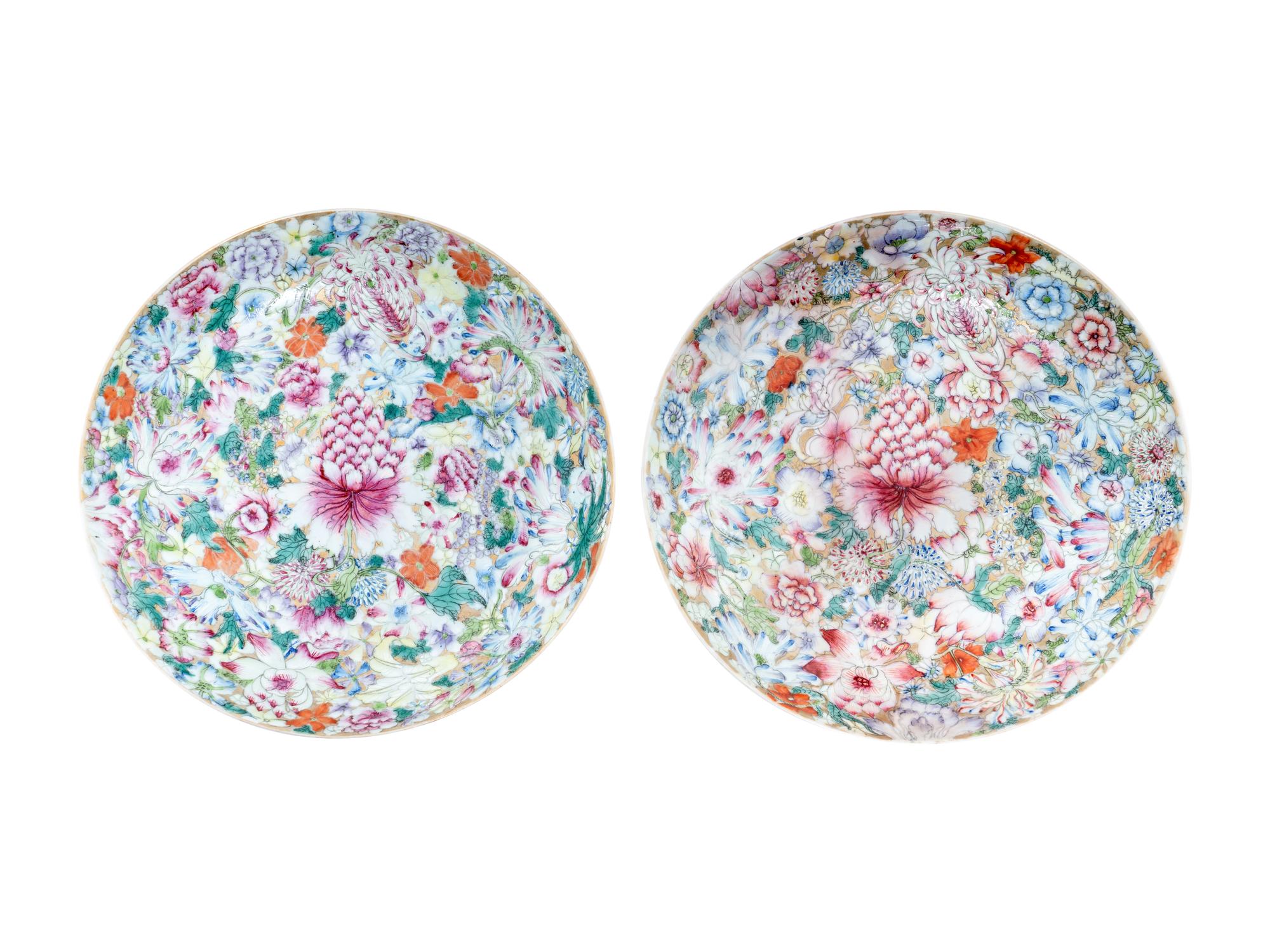 A Pair of Chinese Famille Rose 'Millefleur' Porcelain Plates