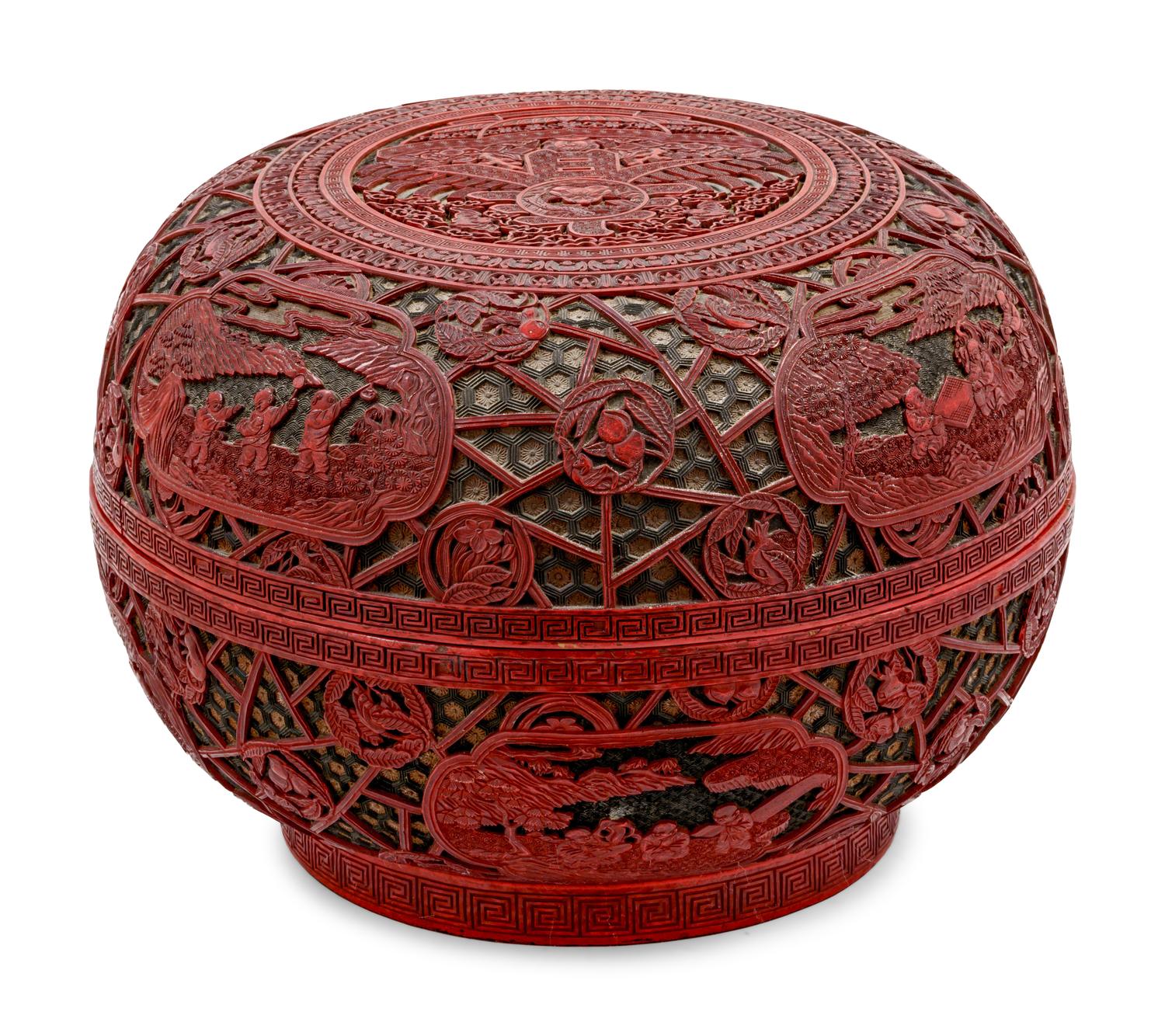 A Chinese Carved Polychrome Lacquer 'Spring' Circular Box and Cover