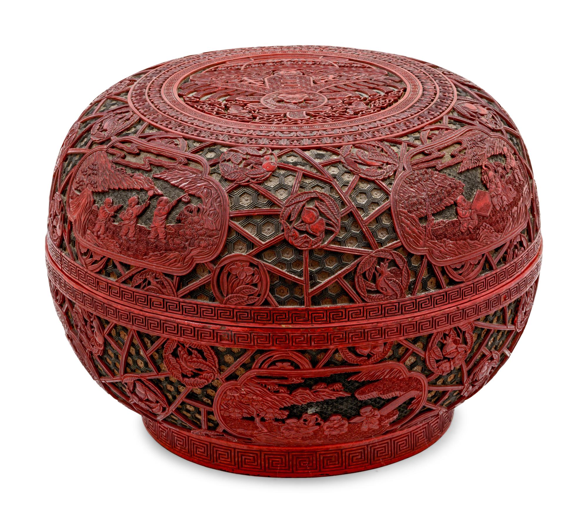 A Chinese Carved Polychrome Lacquer 'Spring' Circular Box and Cover