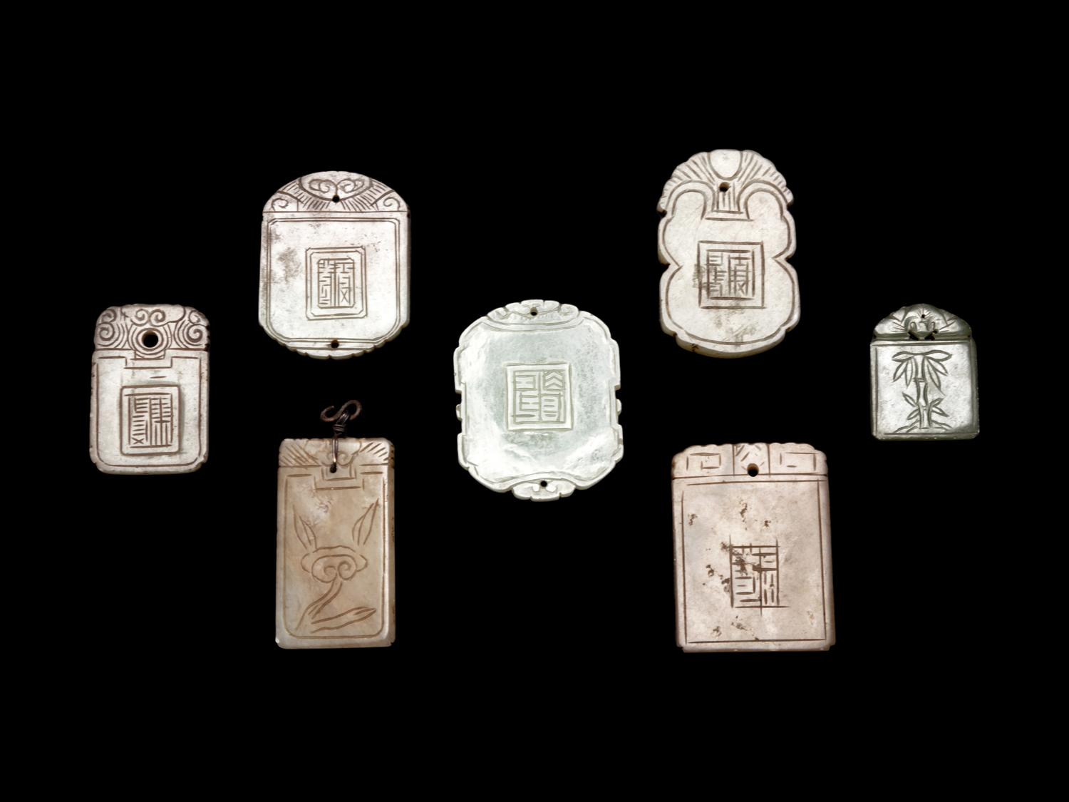 Seven Chinese Celadon Jade Carved Plaques
