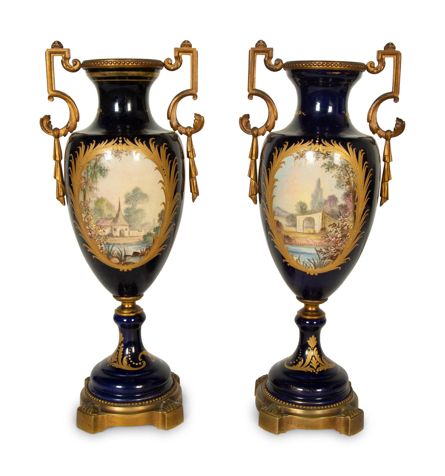 A Pair Gilt Metal Mounted Sèvres Style Porcelain Urns