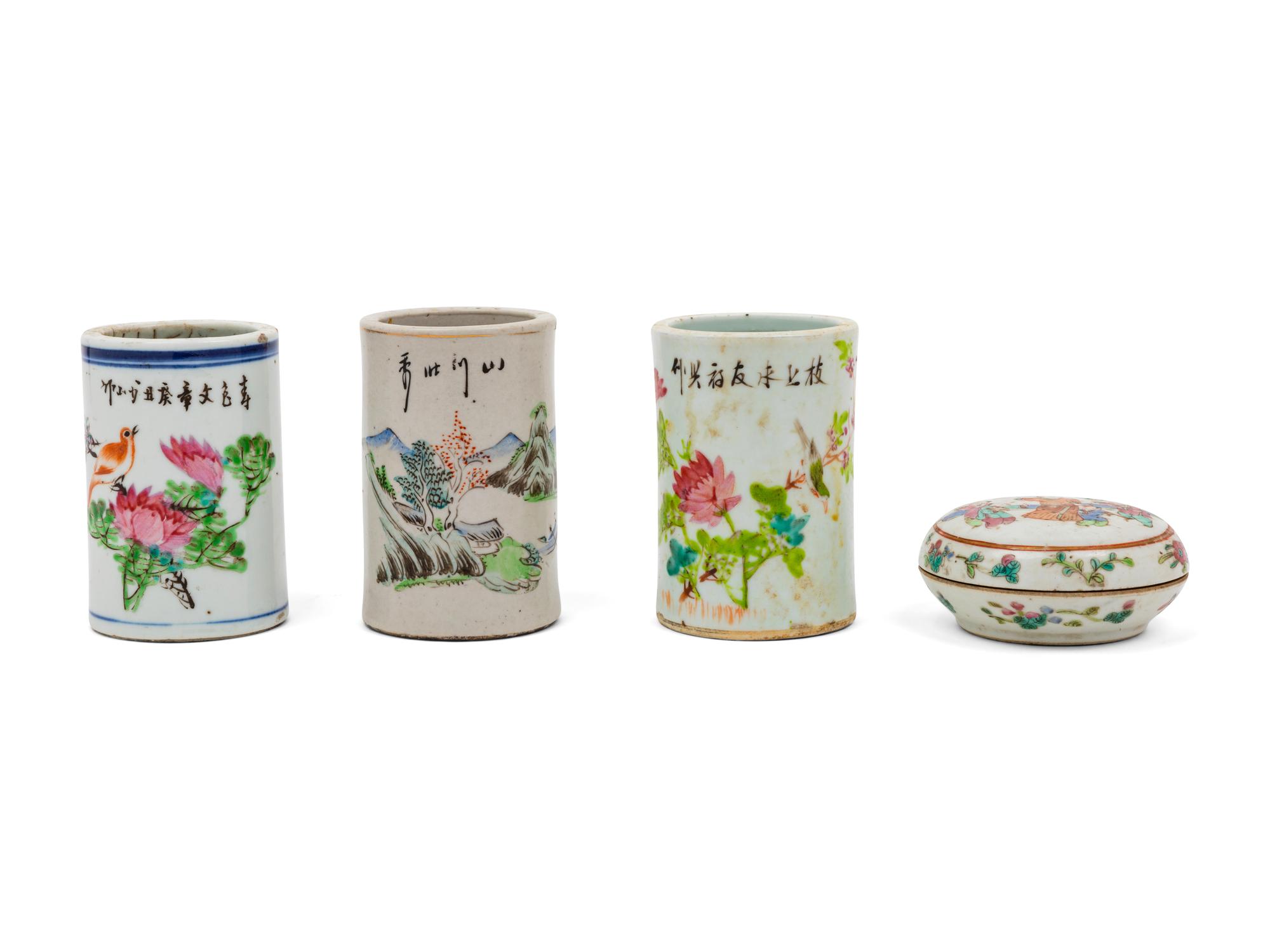 Three Chinese Famille Rose Porcelain Brushpots and One Famille Rose Porcelain Seal Paste Box
