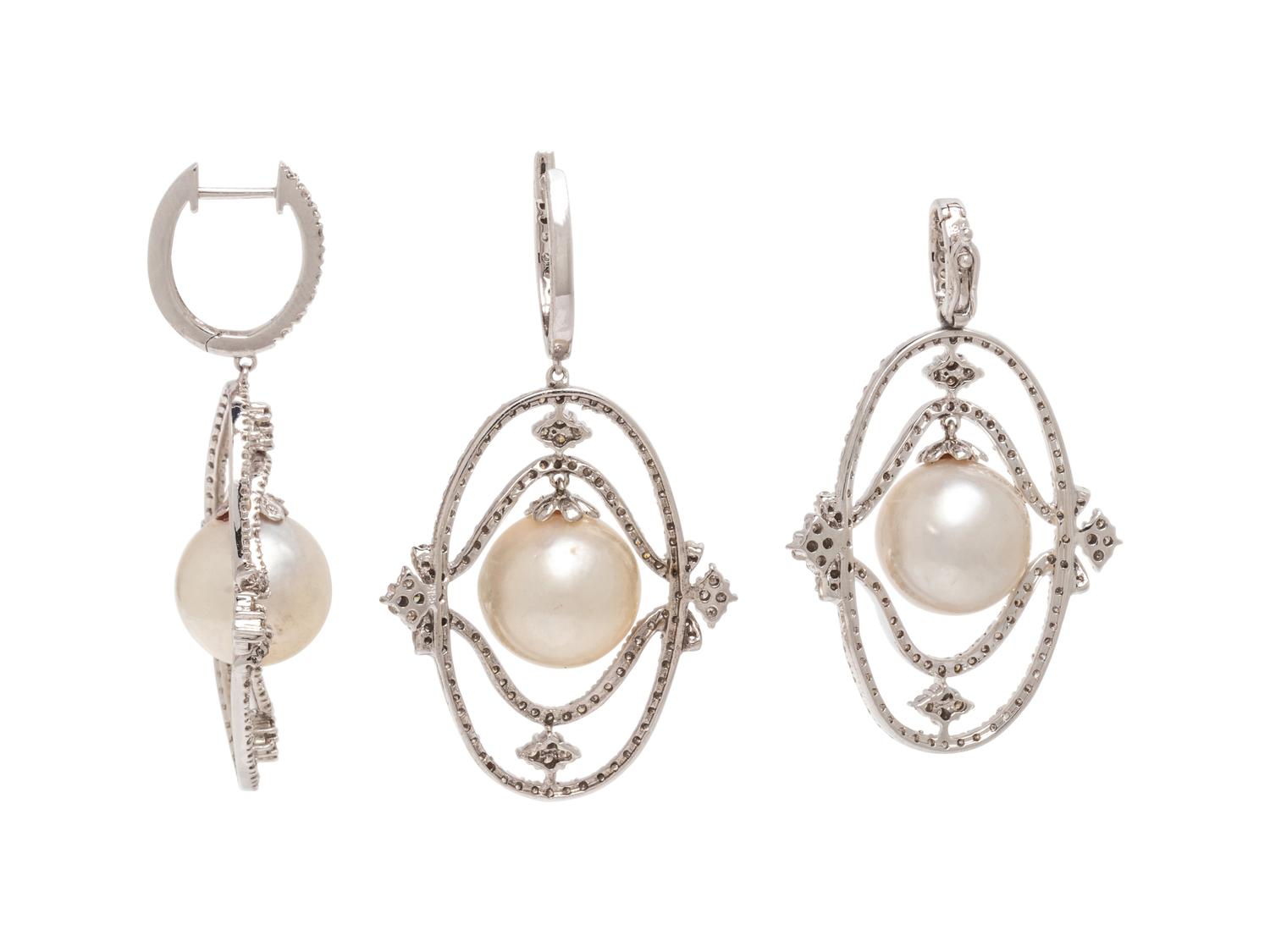 CULTURED PEARL AND DIAMOND EARRINGS AND PENDANT