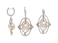 CULTURED PEARL AND DIAMOND EARRINGS AND PENDANT