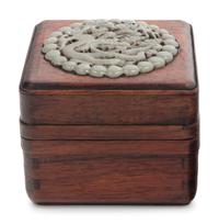 A Chinese Celadon Jade Inset Hardwood Square Covered Box