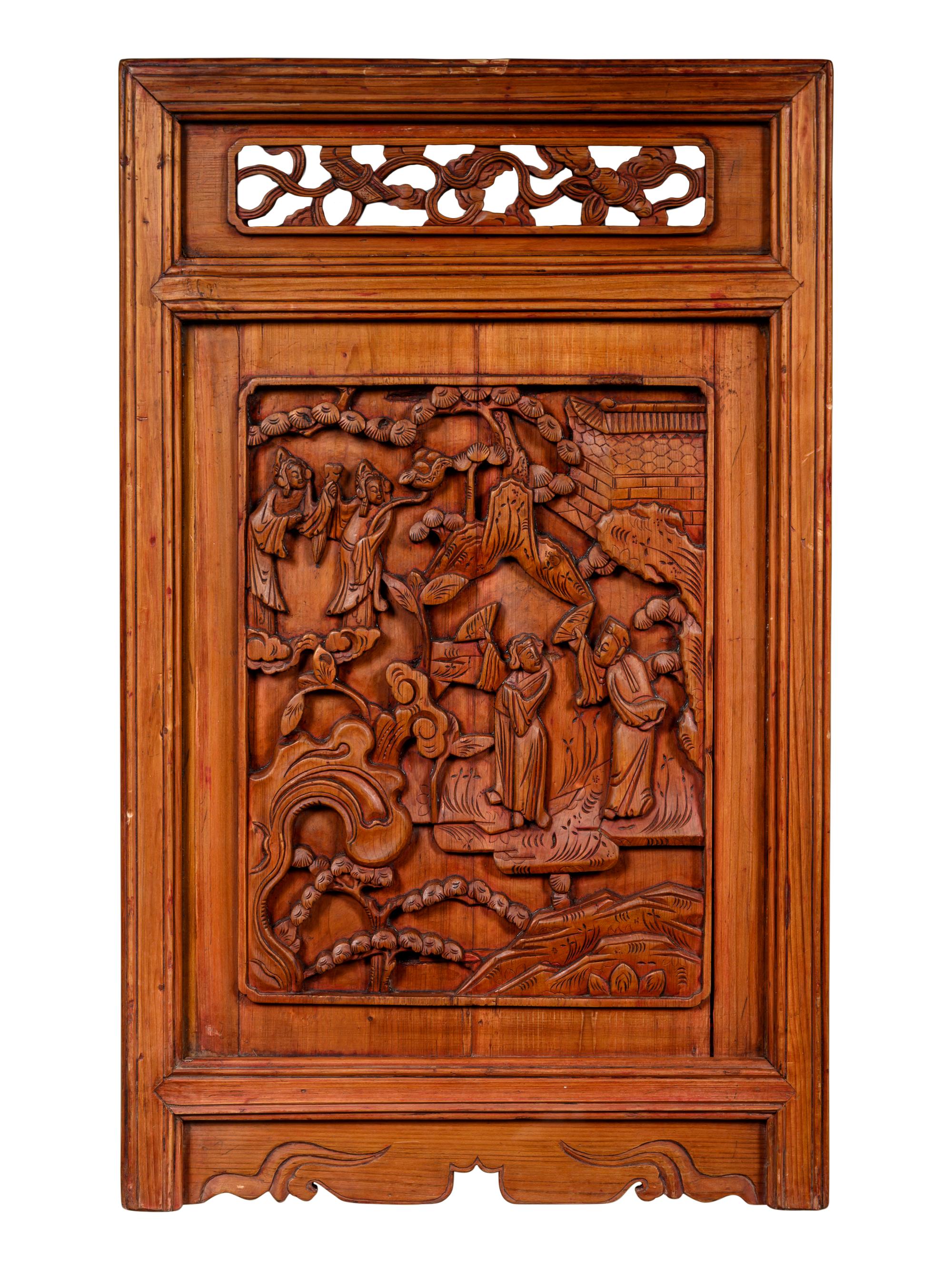 A Pair of Chinese Carved Softwood Panels