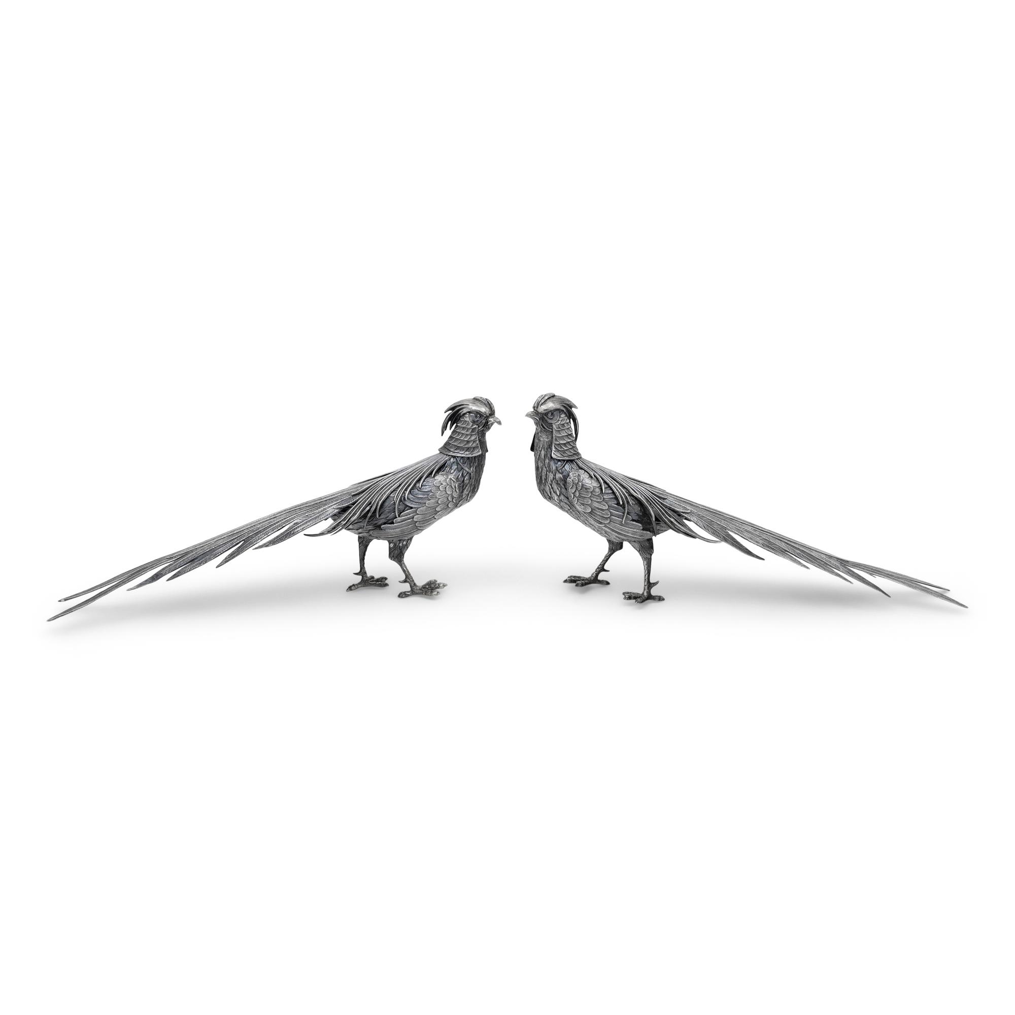 A Pair of Spanish Silver Pheasant Table Ornaments