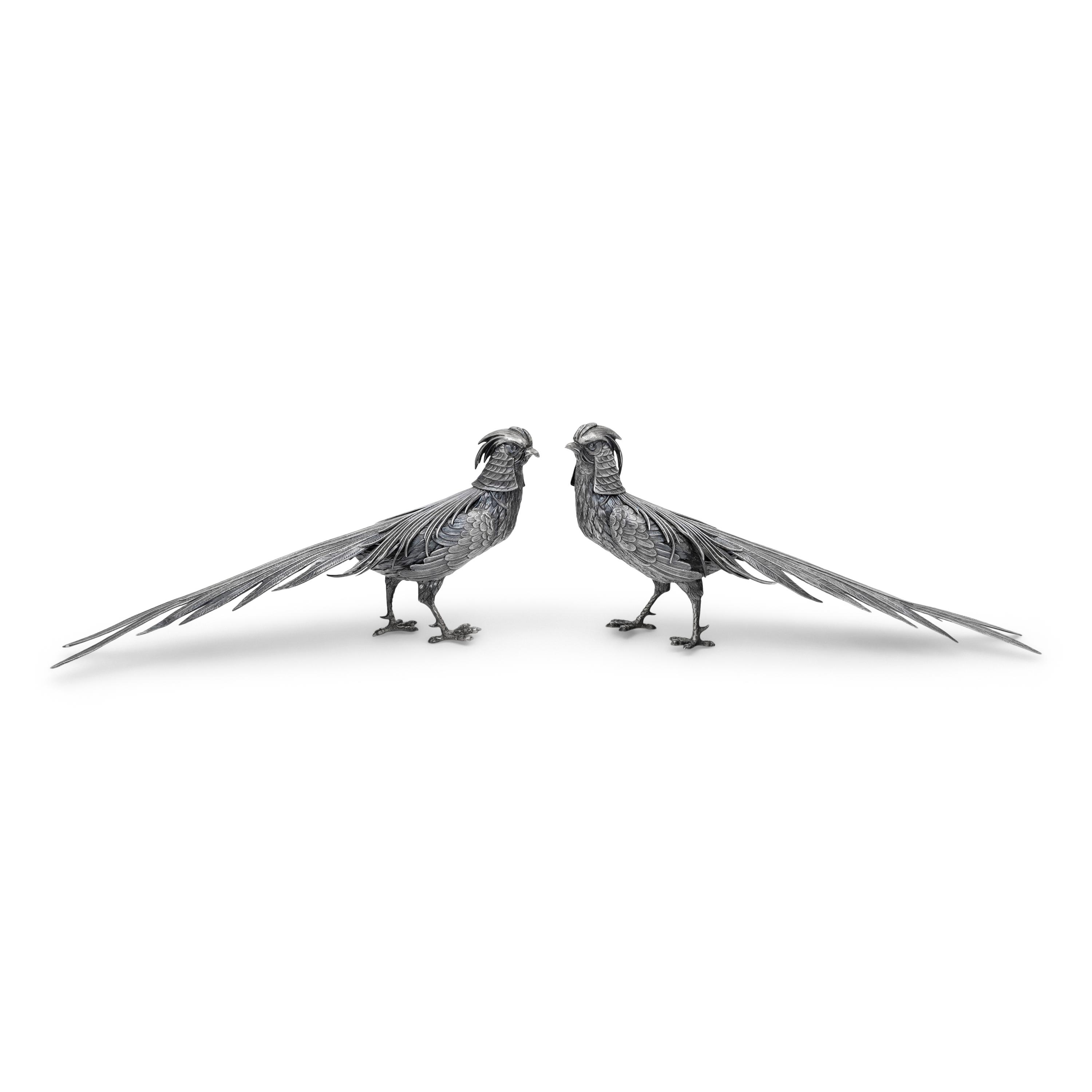 A Pair of Spanish Silver Pheasant Table Ornaments