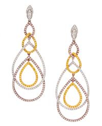 A Pair of 18 Karat Tricolor Gold, Colored Diamond and Diamond Earrings, 9.90 dwts.
