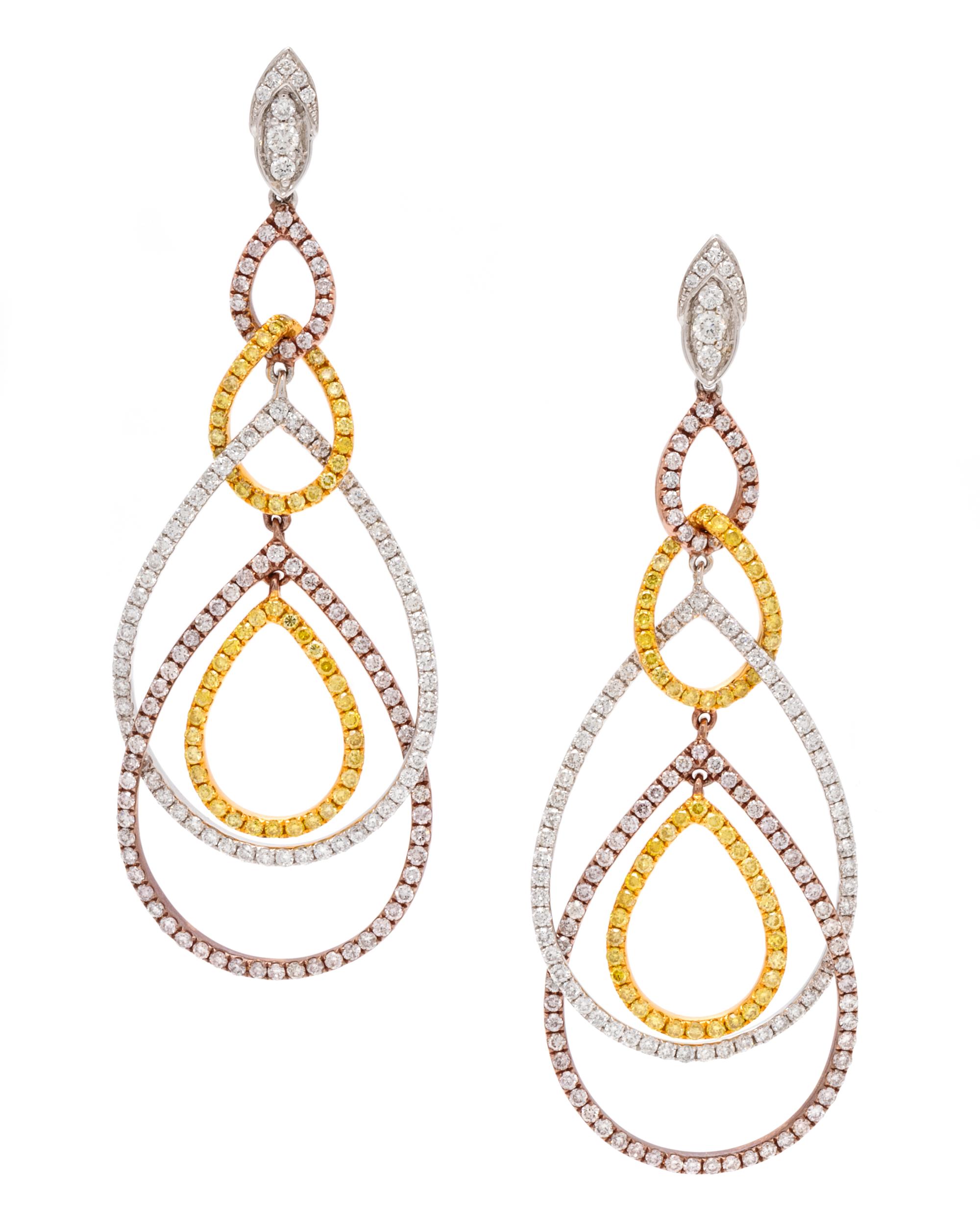 A Pair of 18 Karat Tricolor Gold, Colored Diamond and Diamond Earrings, 9.90 dwts.