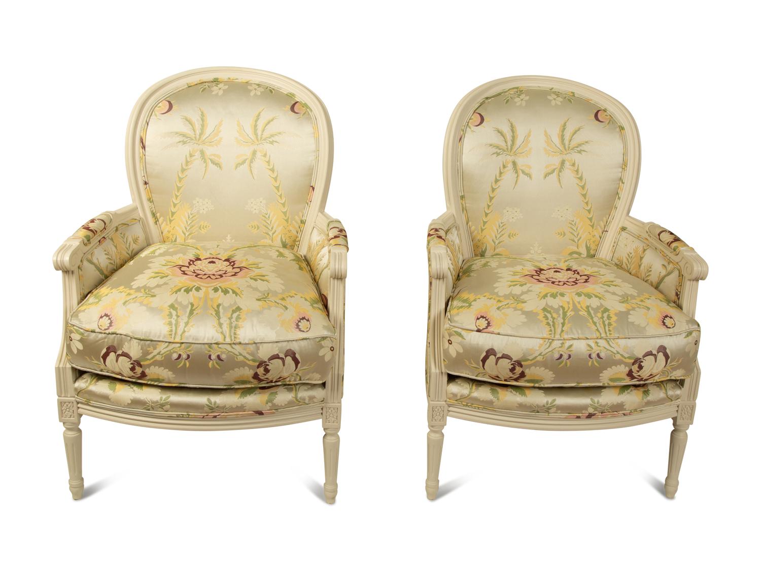 A Pair of Louis XVI Style White Painted Bergeres with Silk Damask Upholstery — 20TH CENTURY