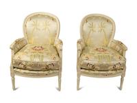 A Pair of Louis XVI Style White Painted Bergeres with Silk Damask Upholstery — 20TH CENTURY