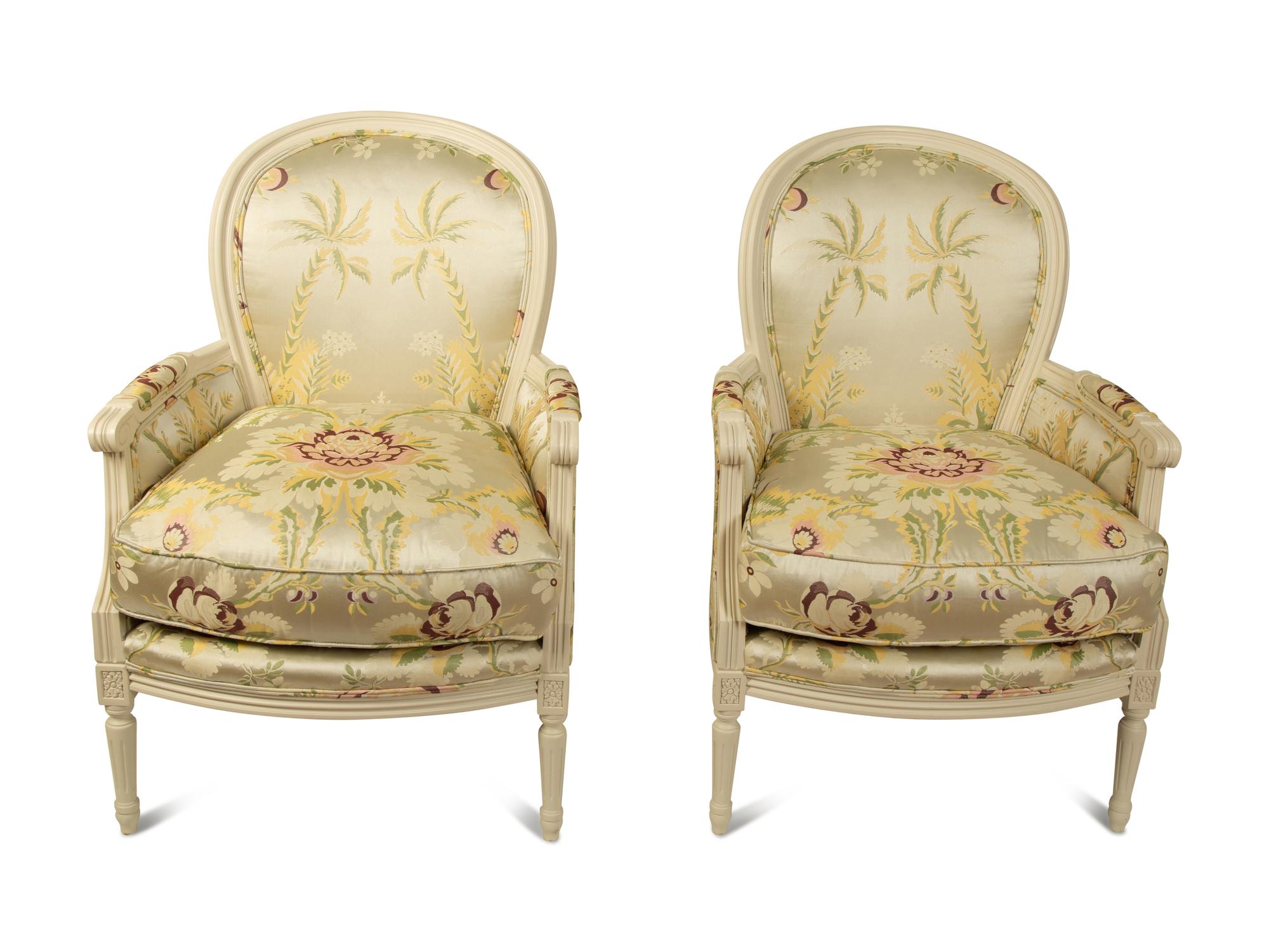 A Pair of Louis XVI Style White Painted Bergeres with Silk Damask Upholstery — 20TH CENTURY
