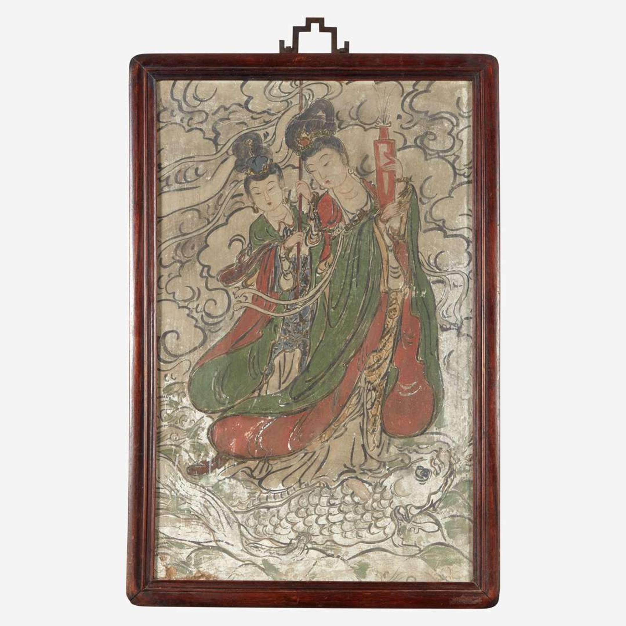 A Chinese fresco panel depicting celestial beings on a "Dragon-Fish" Ming dynasty or later