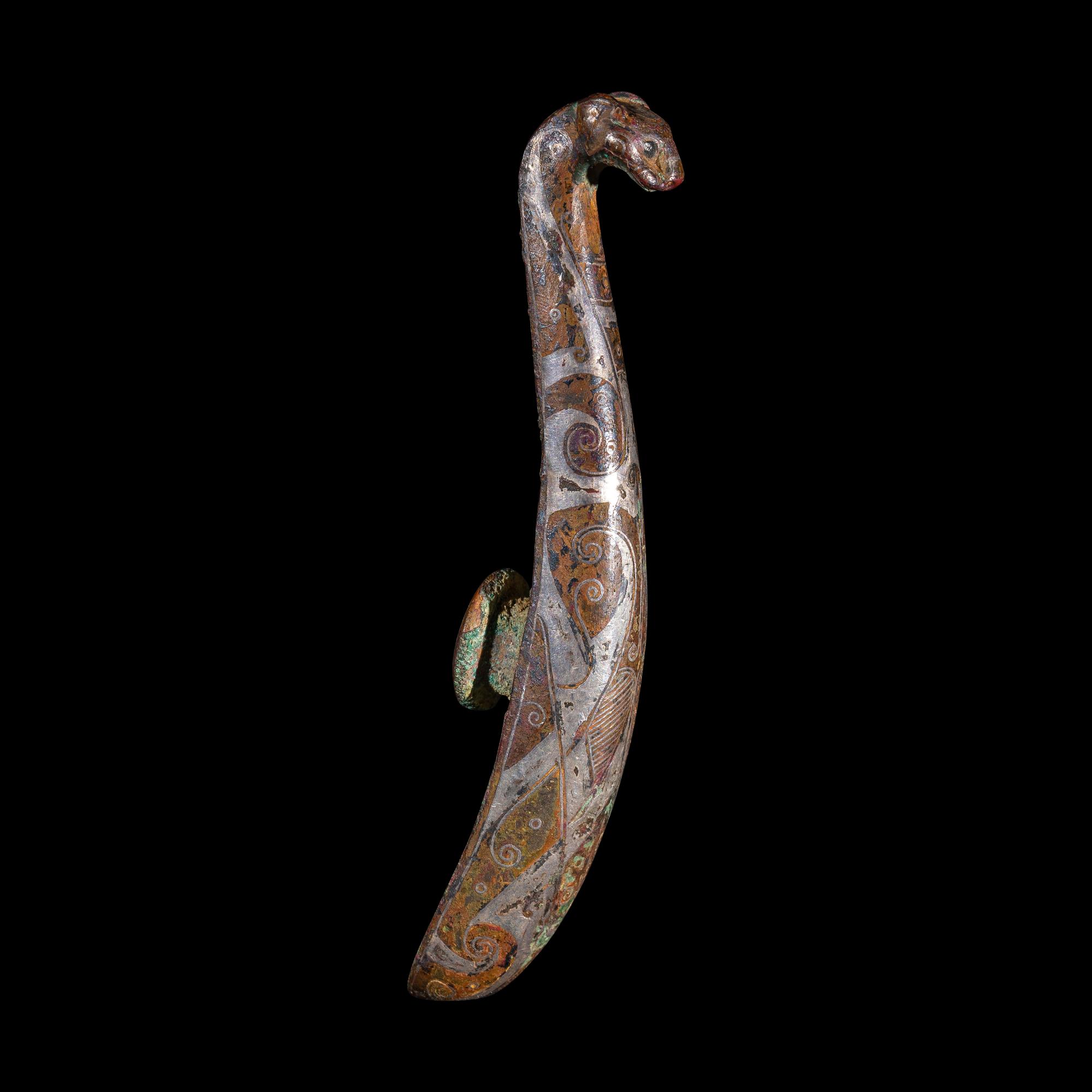 Two Chinese Silver Inlaid Bronze 'Tiger' Belt Hooks, Warring States Period-Qin Dynasty 戰國-秦 虎首錯金銀帶 鉤 兩件