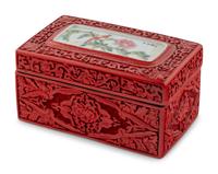 A Chinese Porcelain-Inset Red Lacquer Box